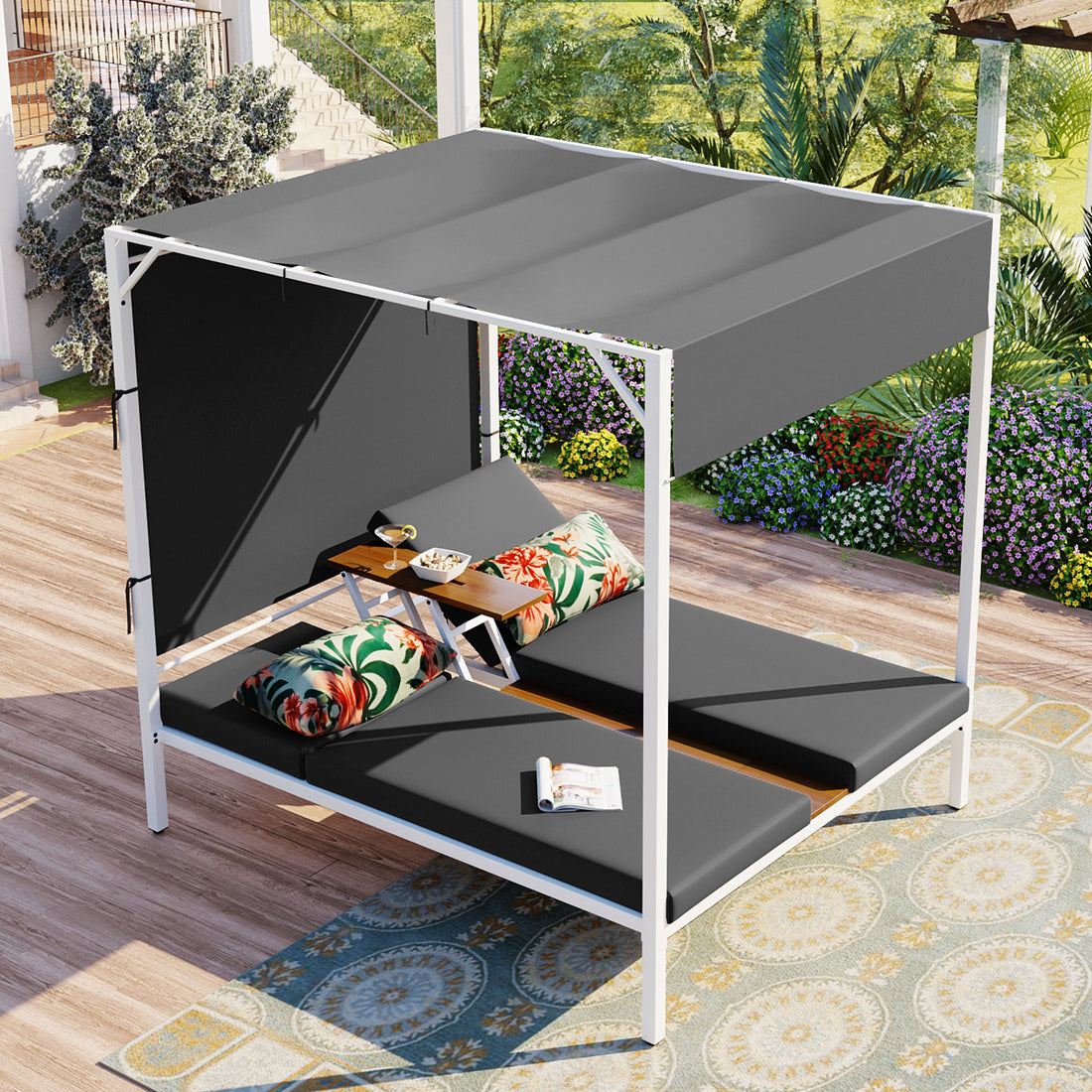 Outdoor Patio Sunbed Daybed With Cushions, Adjustable Seats Grey Steel