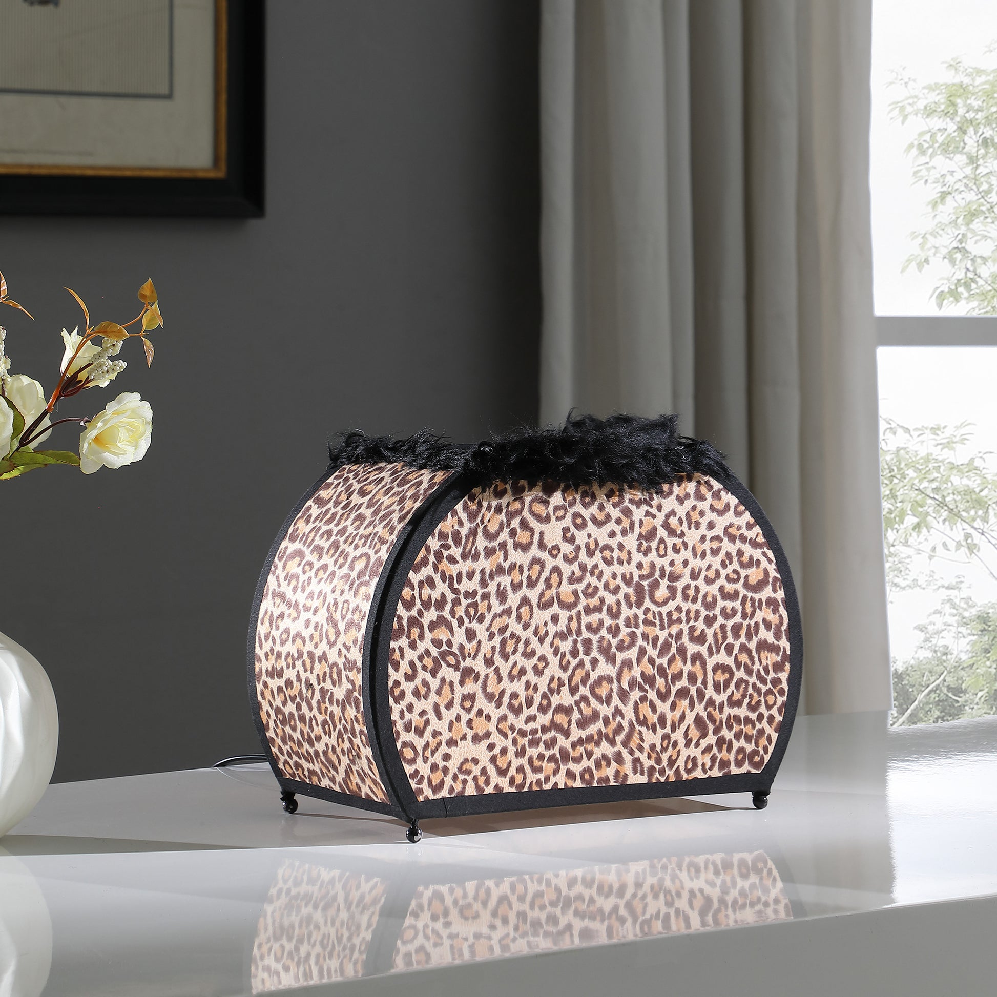 11.75" In Leopard Animal Print Purse W Black Faux Handle Table Lamp Leopard Fabric Metal