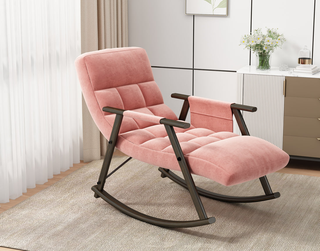 Casual Folding Rocking Chair Upholstered, Lounge Rocking Chair Adjustable High Back And Foot Rest,Side Pockets Placed In Living Room Bedroom Balcony Pink Velvet