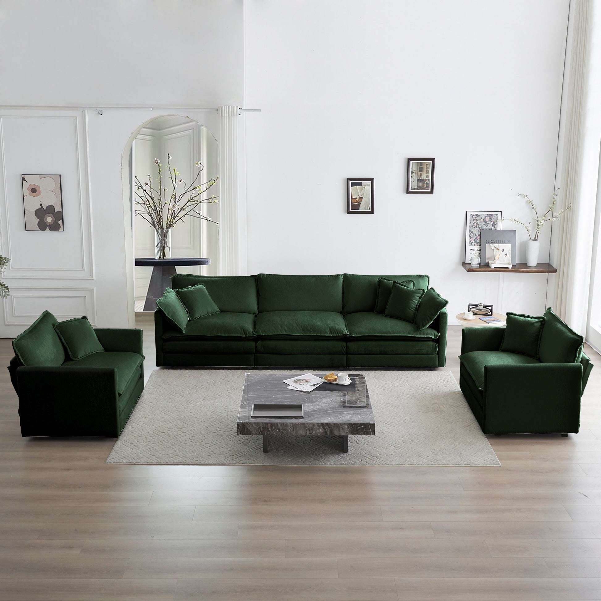 Sofa Set Of 3, 1 1 3 Seats Living Room Sofa Set, Accent Chair, Loveseat, And Three Seat Sofa Modern Style Round Arms 3 Piece Sofa Set, Green Chenille Green Chenille 5 Seat