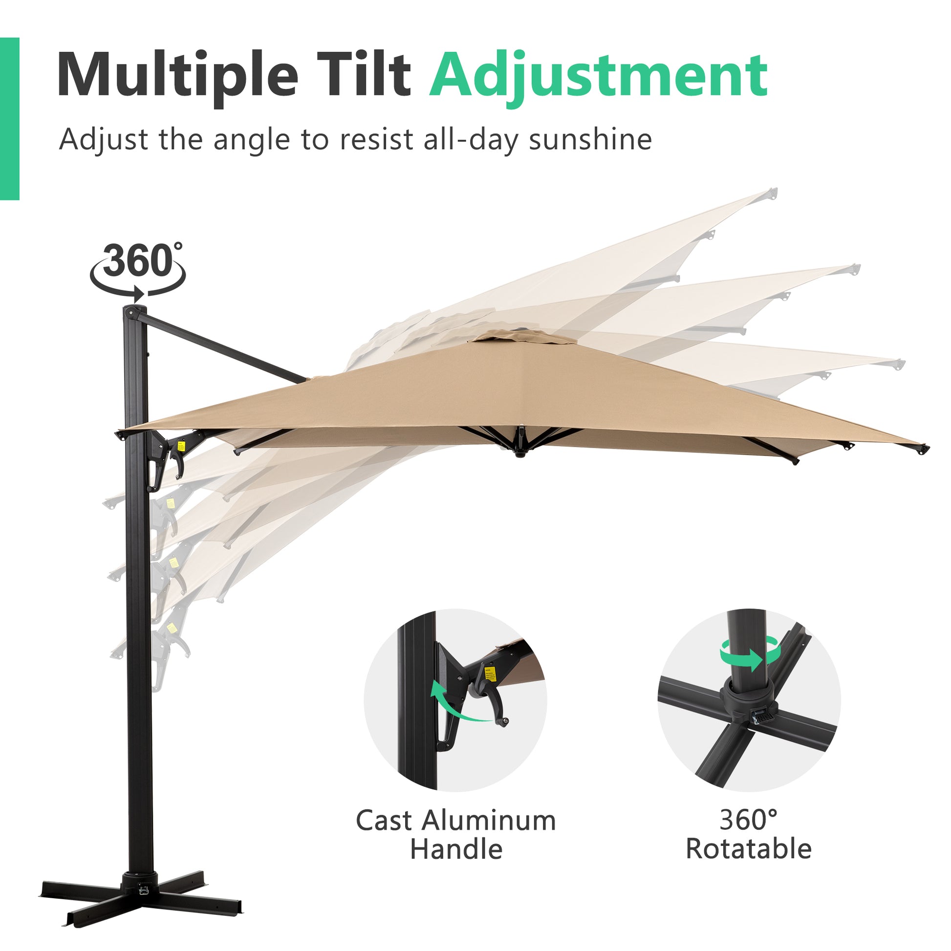 10 Ft Cantilever Patio Umbrella With 360 Rotation & Tilt Adjustment, Square Outdoor Offset Umbrella With Aluminum Pole Without Base Khaki Khaki Fabric