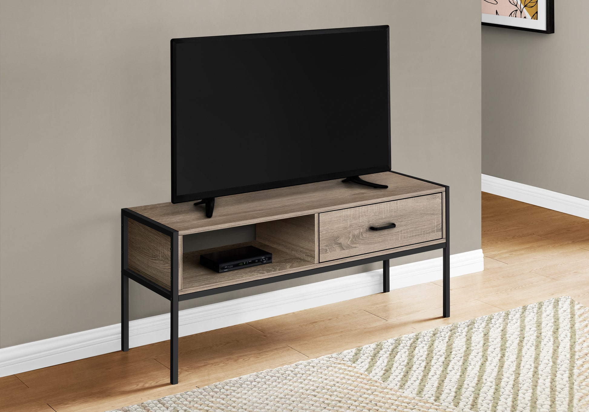 Tv Stand, 48 Inch, Console, Media Entertainment Center, Storage Drawer, Living Room, Bedroom, Brown Laminate, Black Metal, Contemporary, Modern Taupe 40 49 Inches Particle Board