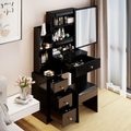 Small Space Left Bedside Cabinet Vanity Table Cushioned Stool, Extra Large Right Sliding Mirror, Multi Layer High Capacity Storage, Practical Fashionable Dresser, Suitable For Girls Up To 5.6Ft Tall Black American Design Mdf