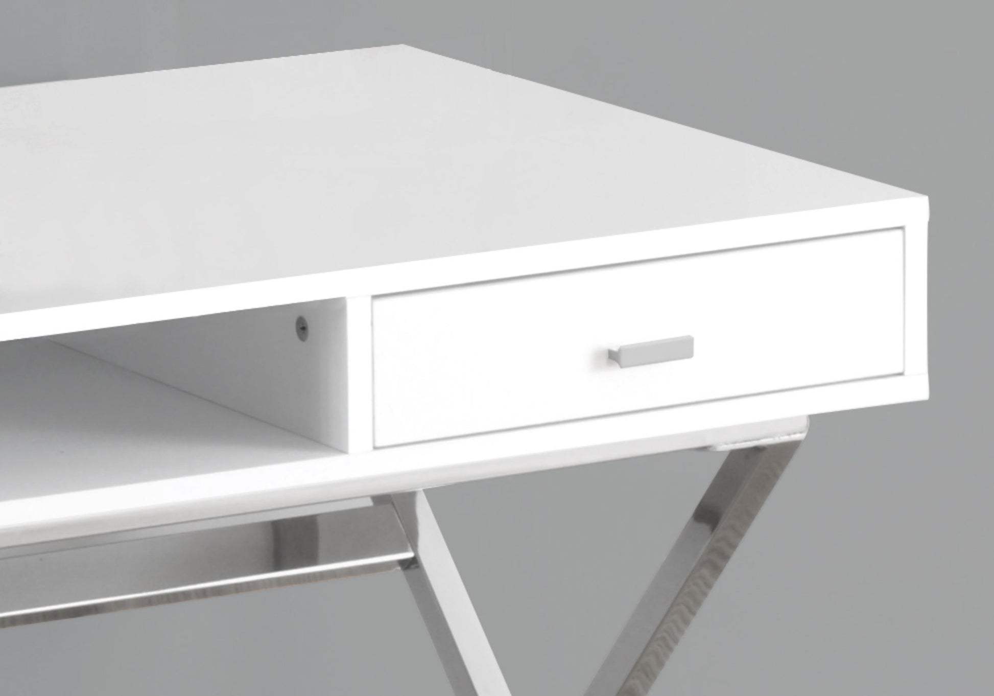 Computer Desk, Home Office, Laptop, Storage Drawers, 48"L, Work, Glossy White Laminate, Chrome Metal, Contemporary, Modern White Particle Board