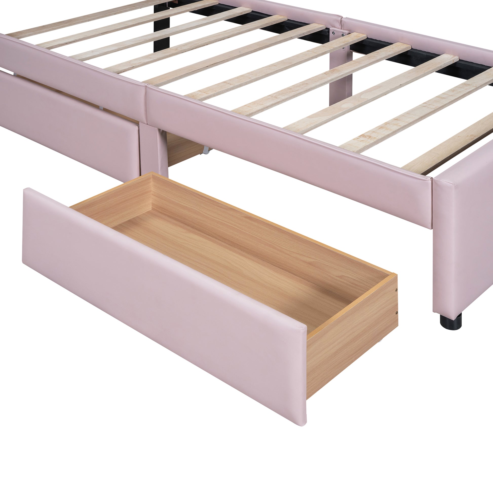 Twin Size Upholstered Platform Bed With Cartoon Ears Shaped Headboard And 2 Drawers, Pink Box Spring Not Required Twin Pink Wood Bedroom Bed Frame Faux Leather Upholstered