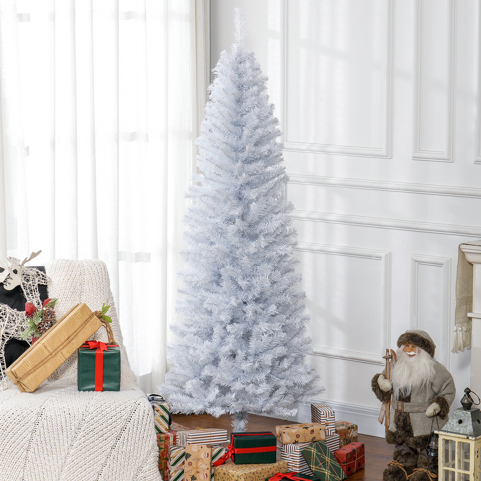 Homcom 6Ft Pencil Christmas Tree, Unlit Artificial Christmas Tree Slim Douglas Fir Xmas Tree With Realistic Branches, Halloween Tree With 618 Tips, White White Plastic