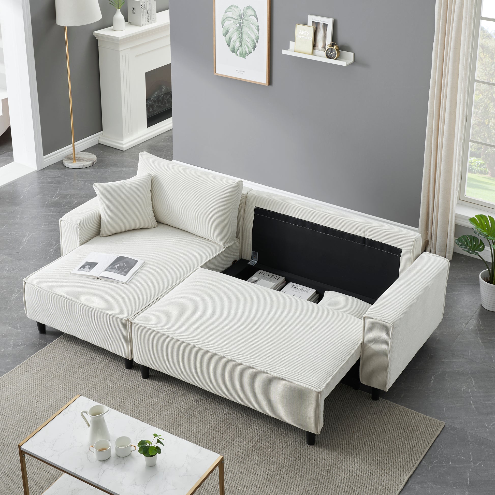 The 93 Inch Beige Corduroy Sofa Bed Comes With Two Pillows To Fit In The Living Room And The Apartment Is Not Overcrowded Beige Corduroy 3 Seat