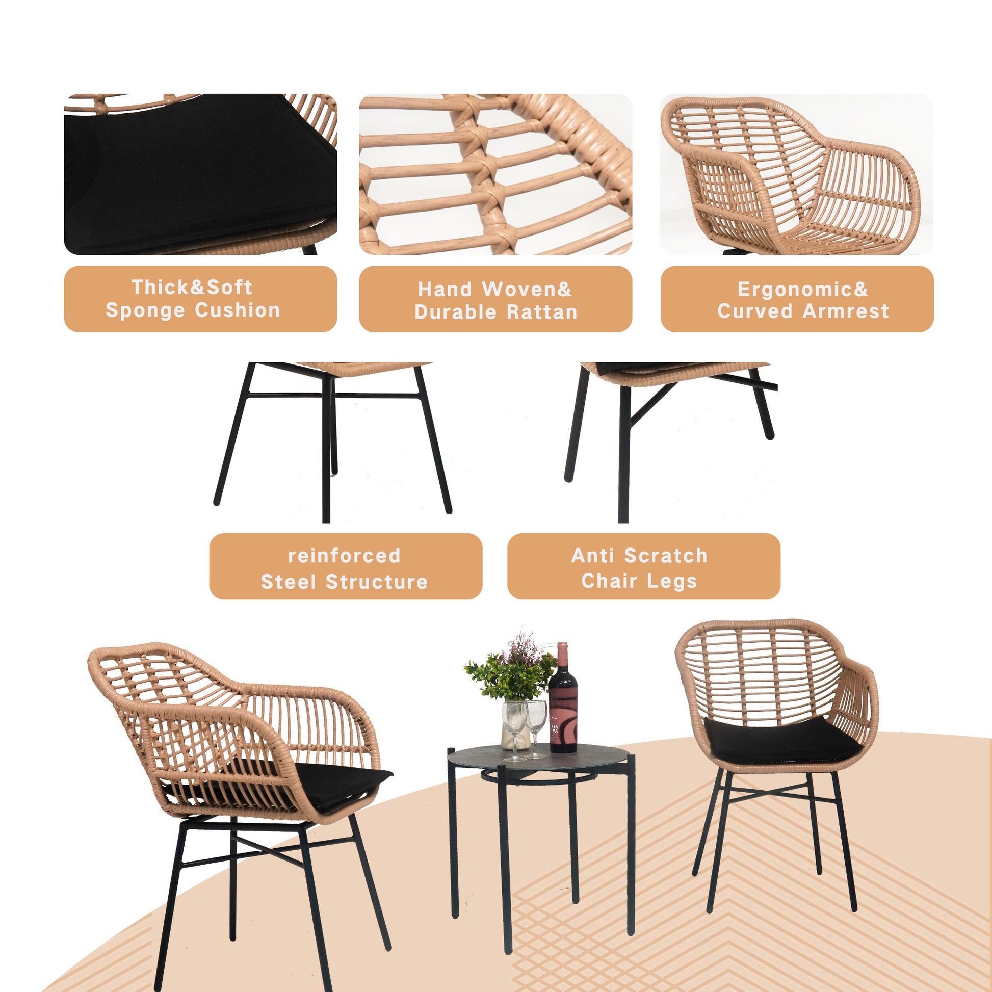 3 Pieces Of Luxury Outdoor Wicker Furniture Patio Bistro Style Table And Chair Combination,Weather Resistant Pe Wicker Weave, Stainless Steel Fame, Suitable For Garden, Terrace,Backyard Casua Yes Black Natural Seats 2 Garden & Outdoor 2 Person Seating