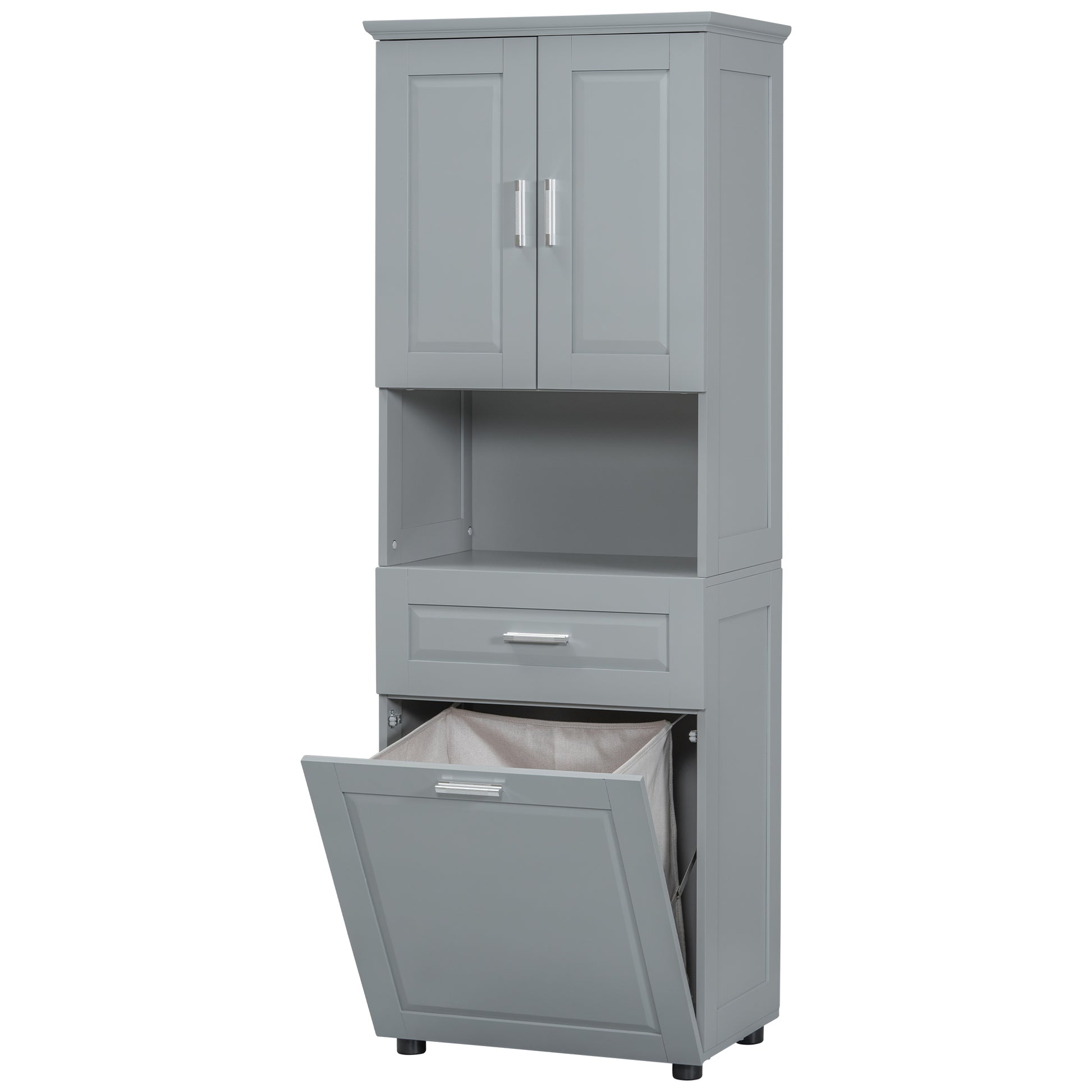 Tall Bathroom Cabinet With Laundry Basket, Large Storage Space Tilt Out Laundry Hamper And Upper Storage Cabinet, Grey Grey Mdf