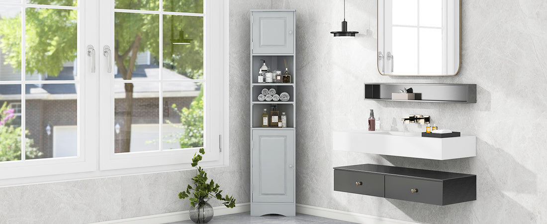 Multi Functional Corner Cabinet Tall Bathroom Storage Cabinet With Two Doors And Adjustable Shelves, Open Shelf, Grey Grey Mdf