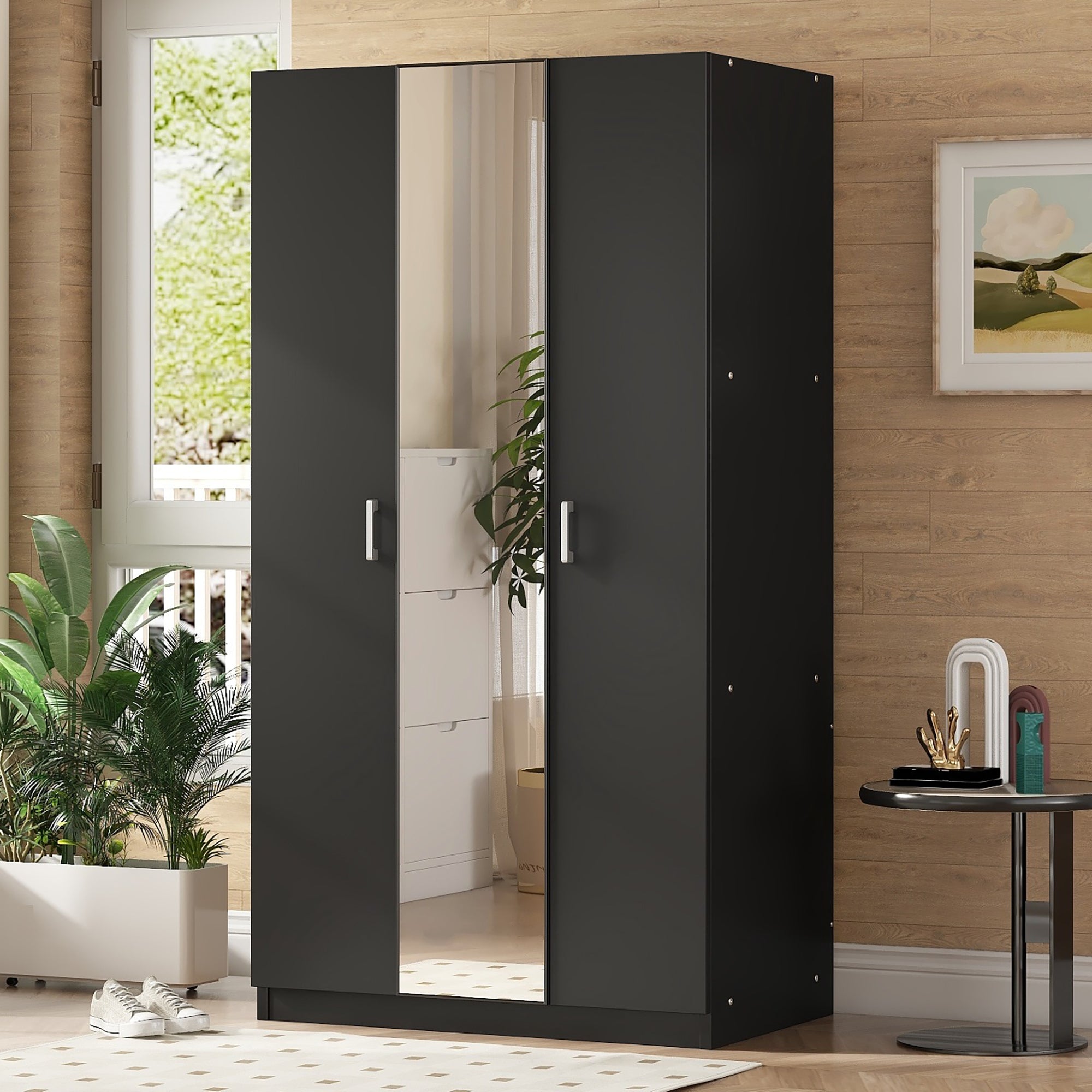 3 Door Wardrobe With Mirror, Armoire With Hanging Rod And 3 Fixed Shelves,Black Black Particle Board