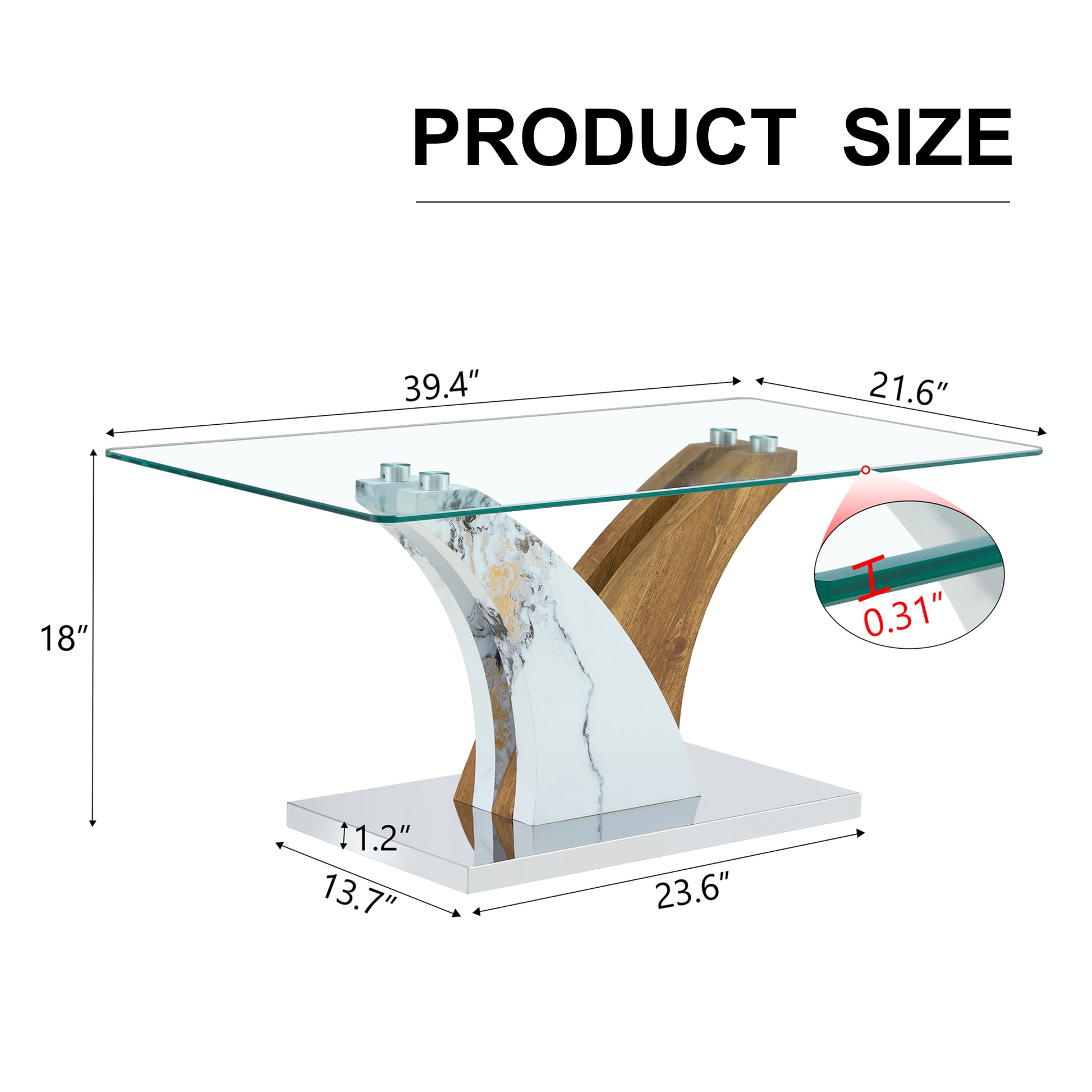 Rectangular Coffee Table.Tempered Glass Countertop, And Artistic Mdf Legs,Perfect For Hosting Dinners, Conferences, Home, And Office Decorations.White And Wood,Dining Table,Tea Table.Coffee Table.