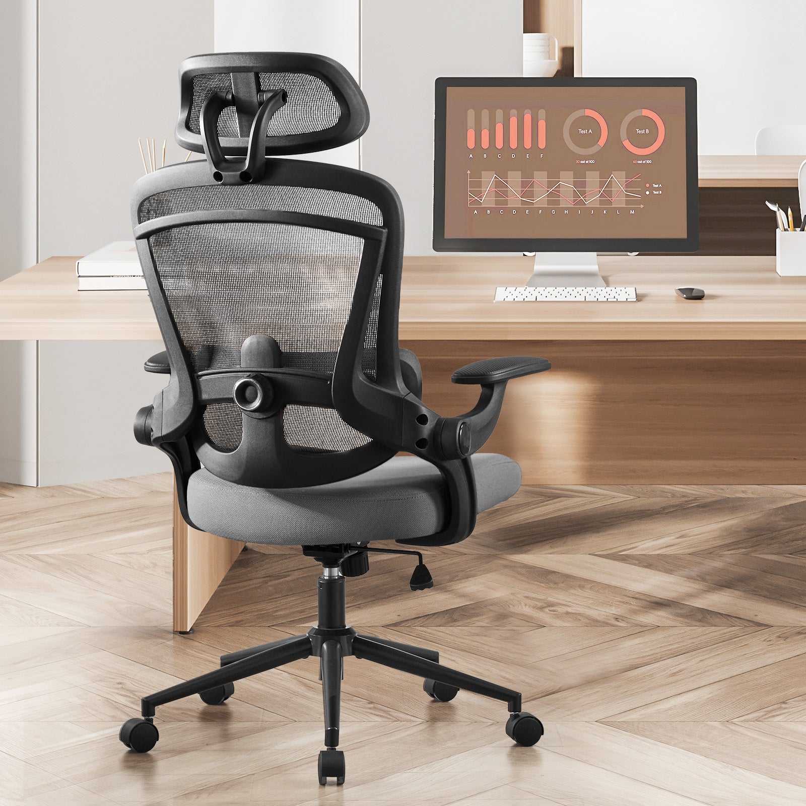 High Back Desk Chair With Adjustable Lumbar Support & Headrest,Comfortable Mesh Computer Chair With Soft Flip Up Arms, Adjustable Height And 120 Tilt,Gray Gray Abs Pc