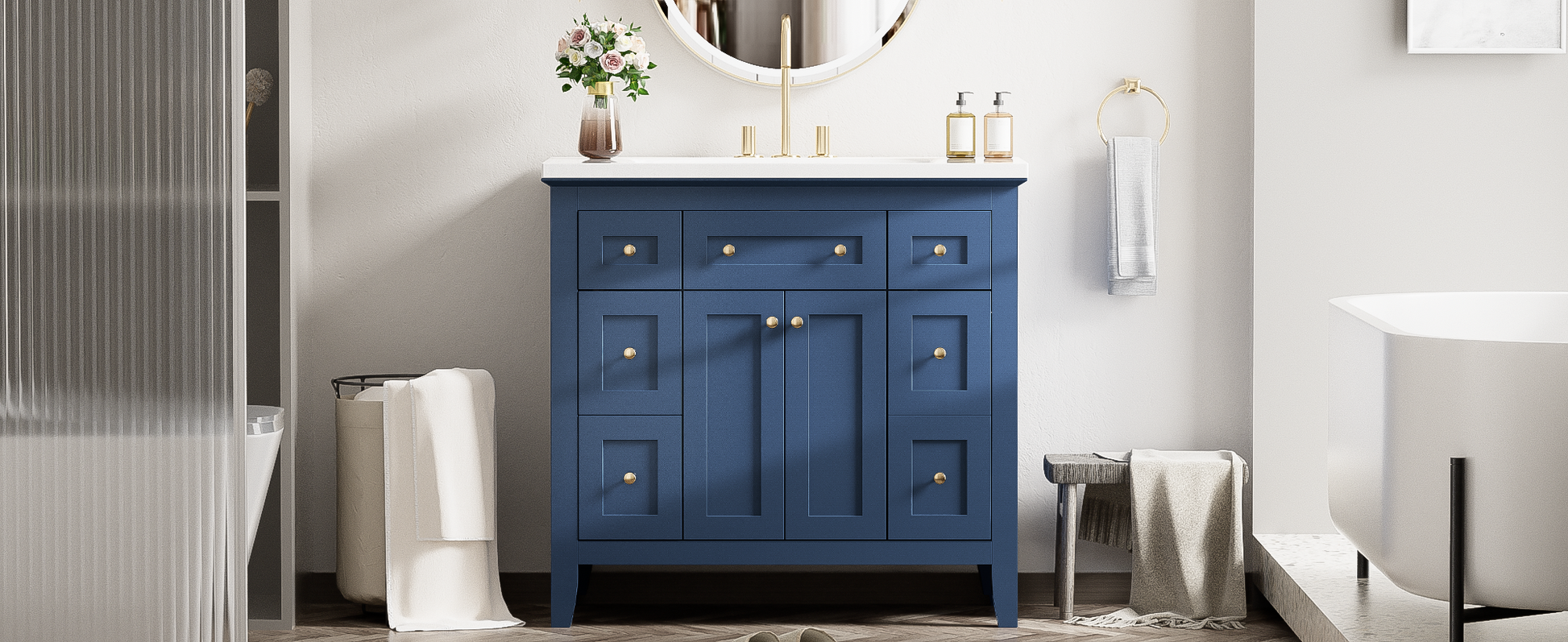 36'' Bathroon Vanity With Resin Sink Combo Set, Modern Freestanding Single Bathroom Cabinet With 6 Drawers & 2 Cabinets, Storage Cabinet For Bathroom, Solid Wood Frame Vanity Set, Blue 4 Blue 2 2 Bathroom Freestanding Solid Wood Mdf Resin Painted