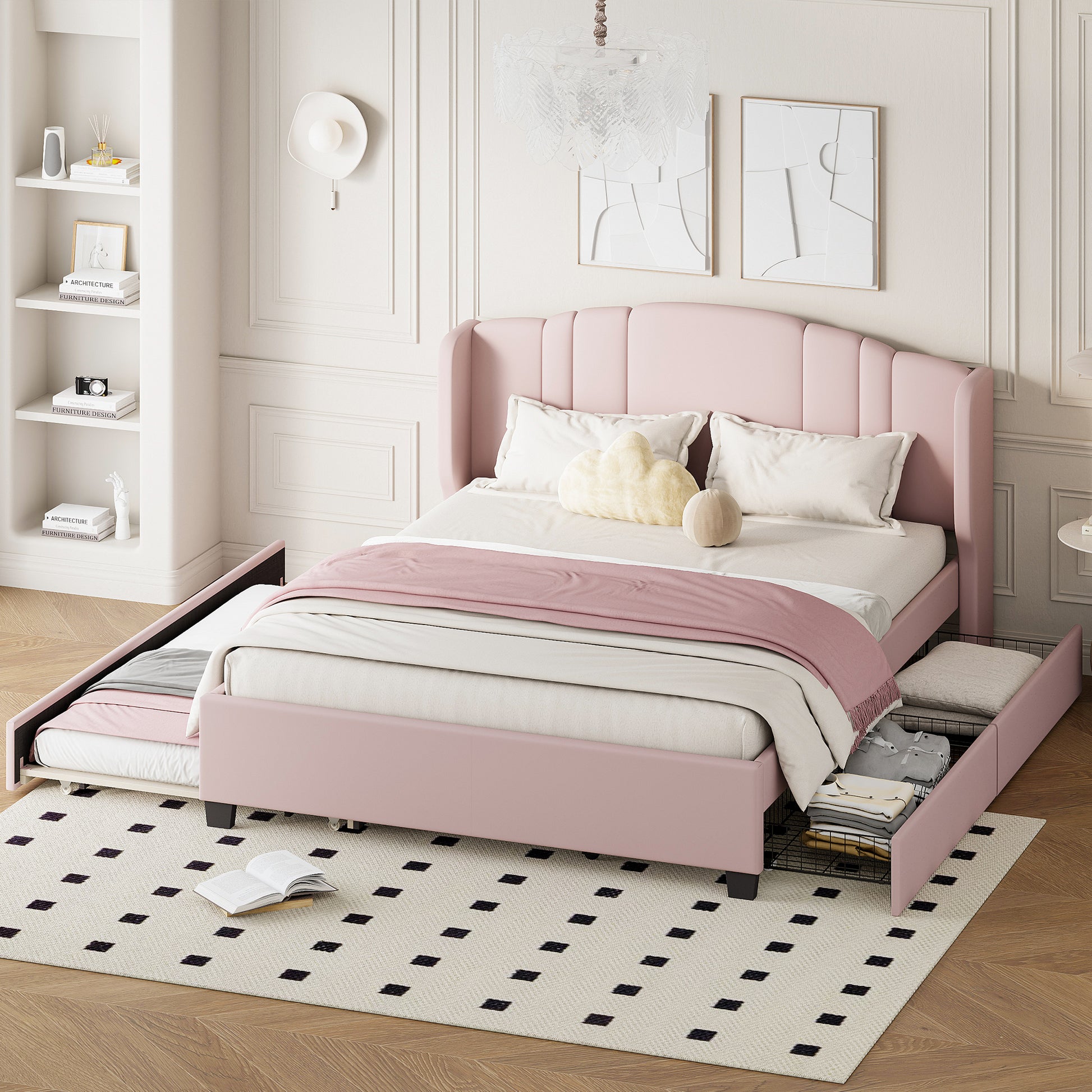 Upholstered Platform Bed With Wingback Headboard, One Twin Trundle And 2 Drawers, No Box Spring Needed, Linen Fabric, Queen Size, Pink Pink Linen