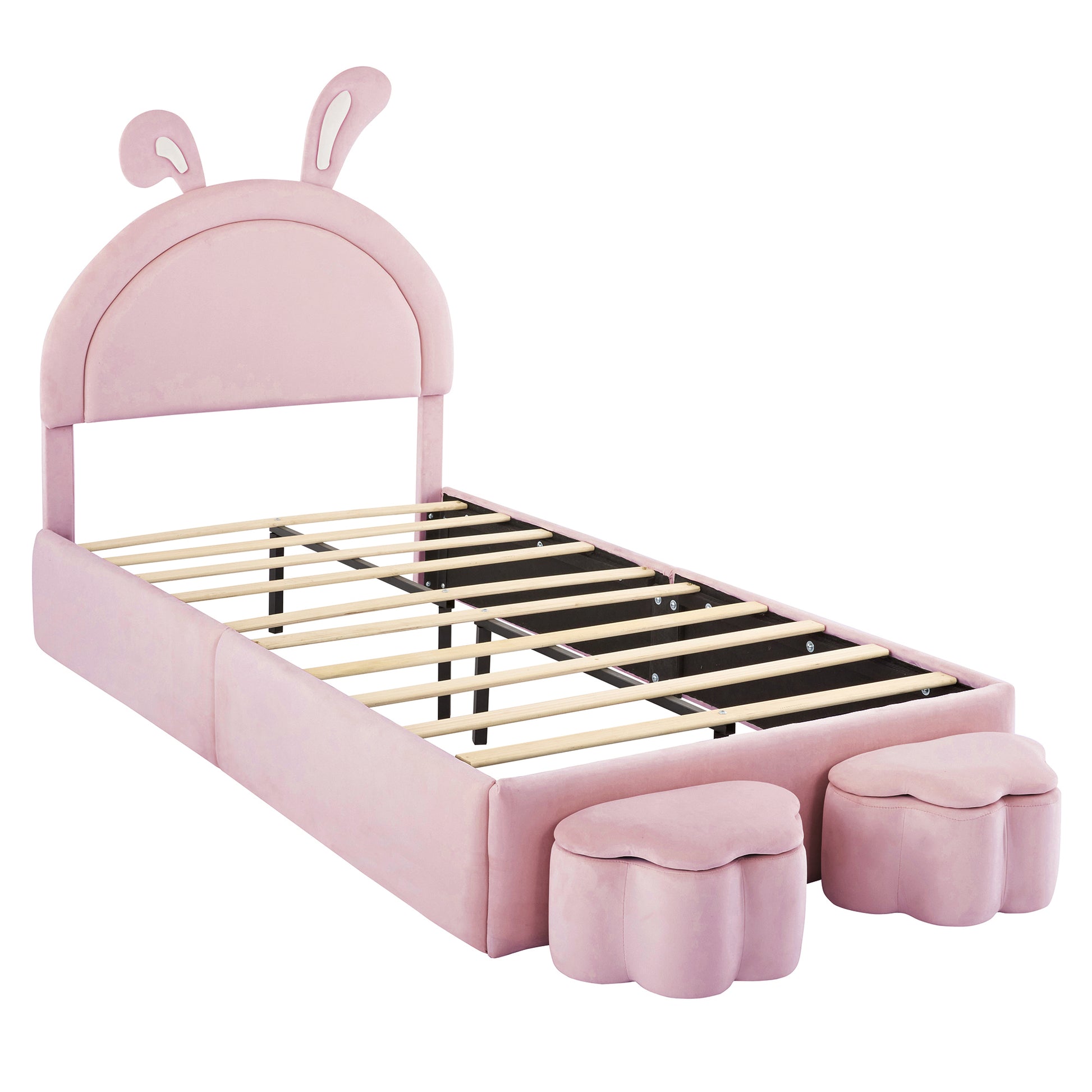 Twin Size Upholstered Rabbit Shape Bed With 2 Storage Stools, Velvet Platform Bed With Cartoon Ears Shaped Headboard, Pink Twin Pink Wood