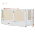 Queen Size Murphy Bed Wall Bed With Drawer And Rattan Decoration With 2 Storage Cabinets, One Set Of Sockets & Usb Ports, Pulley Structure Design, White Queen White Plywood