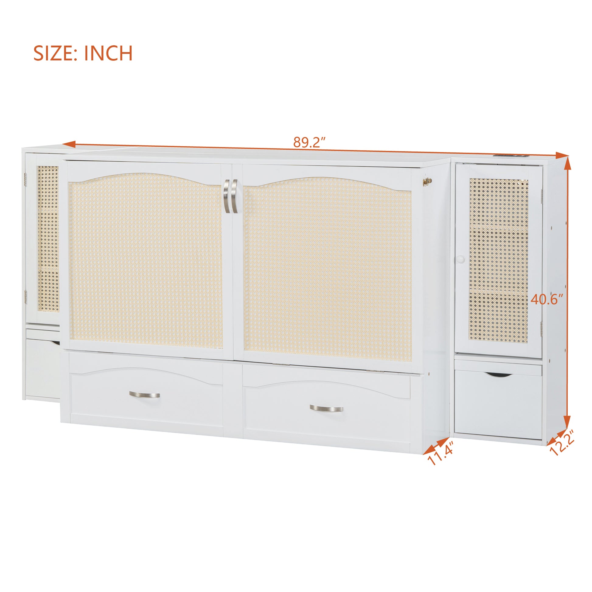 Queen Size Murphy Bed Wall Bed With Drawer And Rattan Decoration With 2 Storage Cabinets, One Set Of Sockets & Usb Ports, Pulley Structure Design, White Queen White Plywood