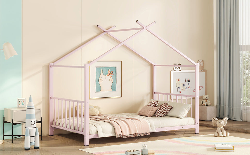 Twin Size Metal House Platform Bed, Pink Box Spring Not Required Twin Pink Metal Bedroom Bed Frame Metal