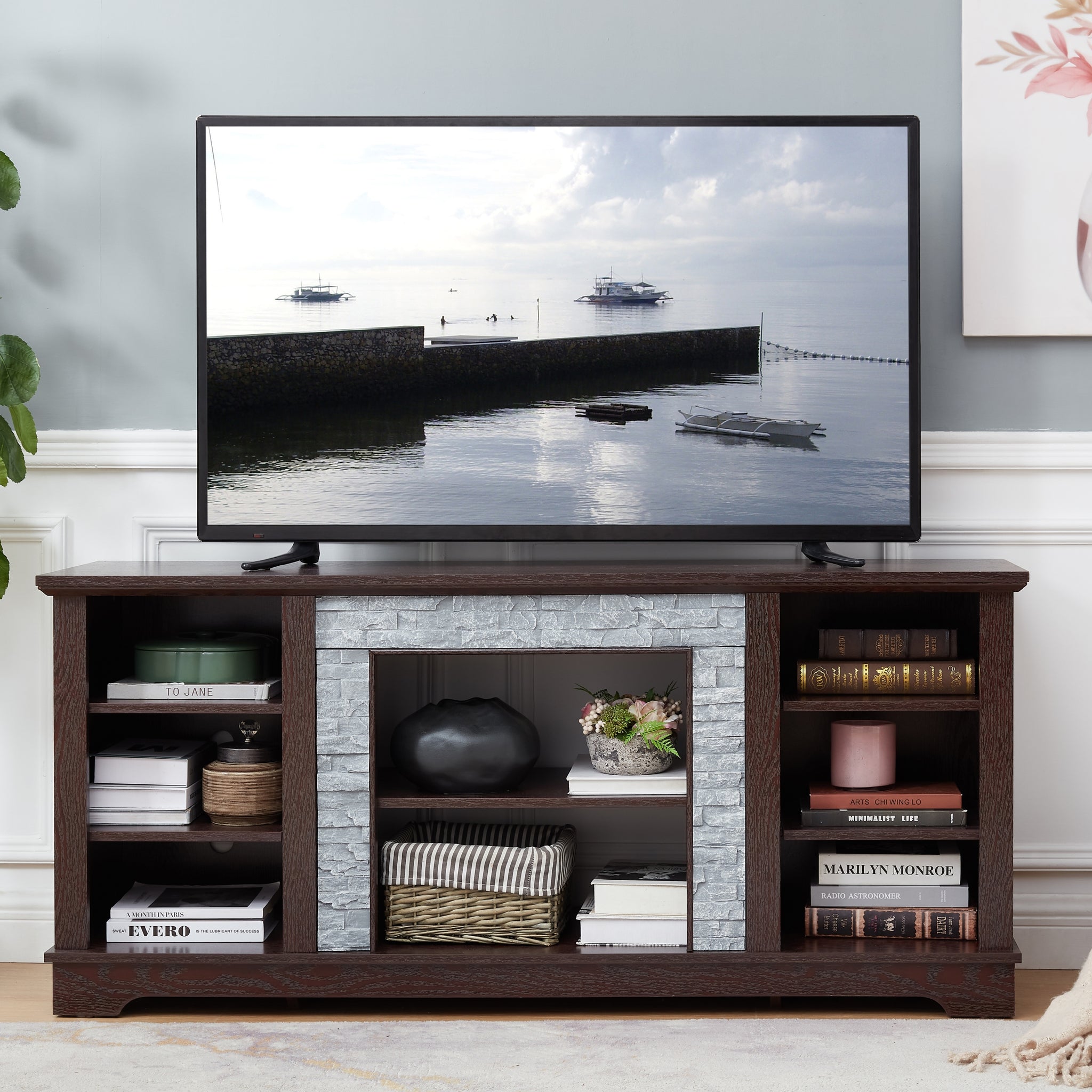 Tv Media Stand With With Faux Stacked Stone Surround, Modern Entertainment Console With Open Storage Space, Cherry, 58.31"W*15.39"D*26.06"H Cherry 60 69 Inches Mdf