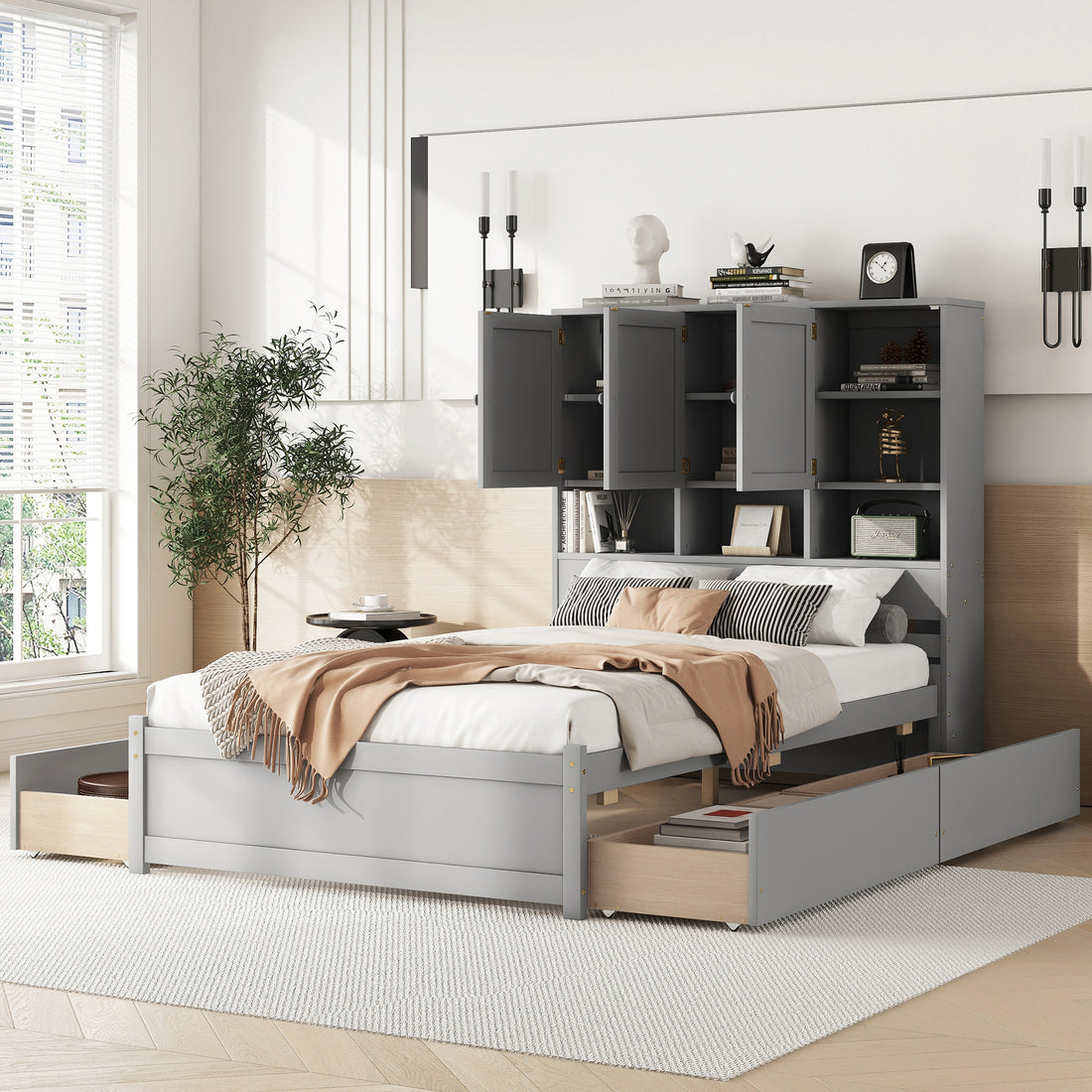 Full Size Platform Bed With Storage Headboard And 4 Drawers, Gray Box Spring Not Required Full Gray Wood Bedroom Bed Frame Solid Wood Mdf