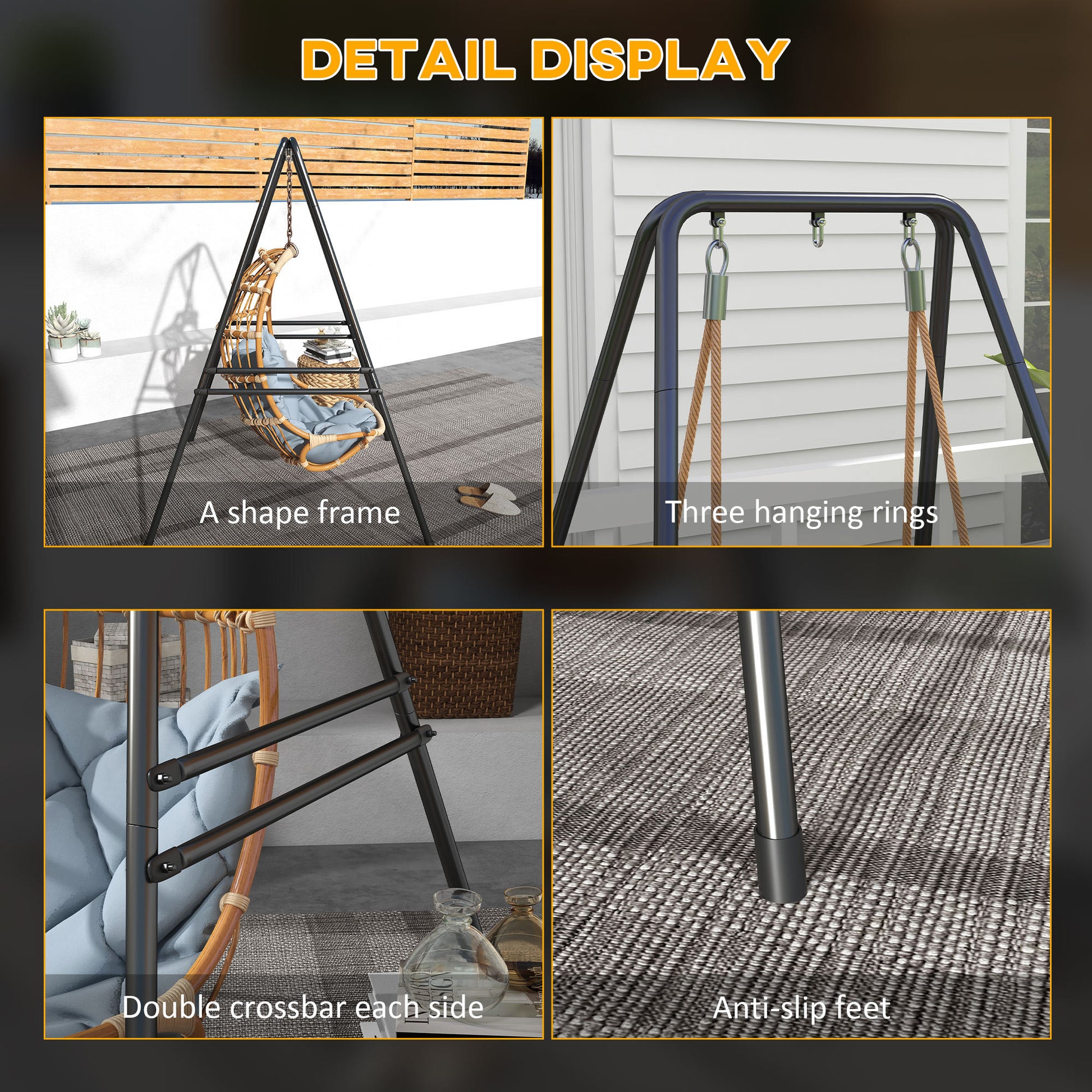 Outsunny A Shaped Hammock Chair Stand, Heavy Duty Swing Stand For Indoor & Outdoor Use, Max 330 Lbs., Black Black Steel