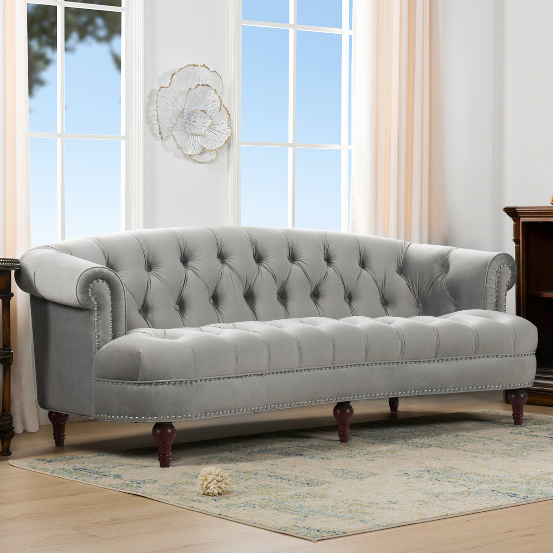 La Rosa Victorian Chesterfield Tufted Sofa, Opal Grey Velvet Gray Foam Velvet 3 Seat