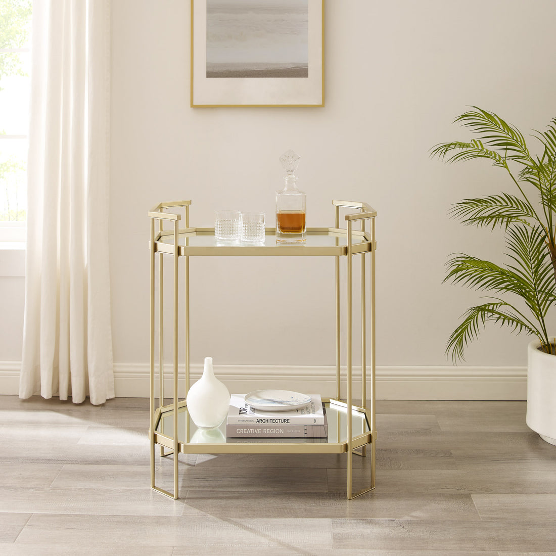 Modern Glam Mirror Top Accent Table Pale Gold Gold Glass Steel