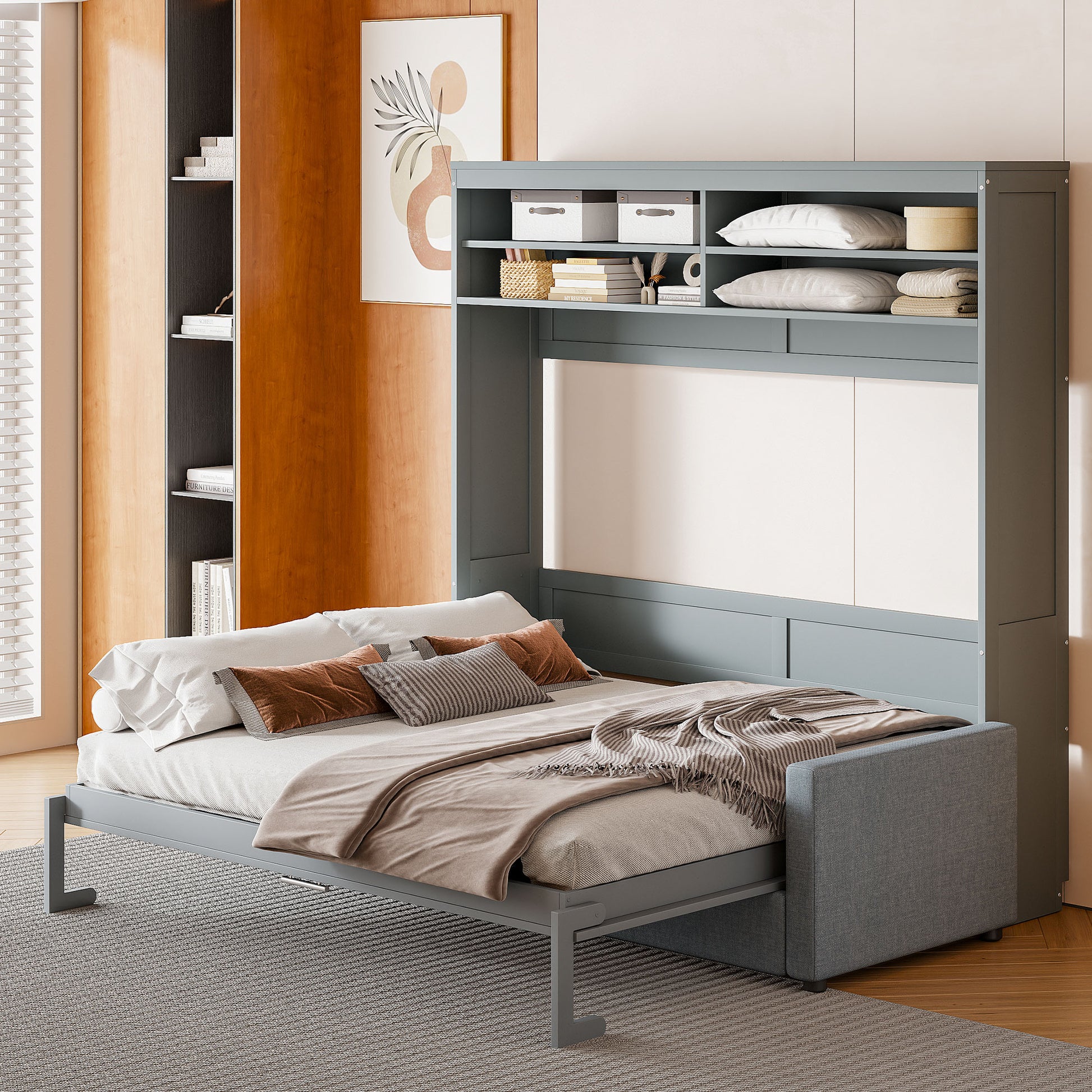 Queen Size Murphy Bed Wall Bed With Sofa,Gray Queen Gray Mdf Lvl