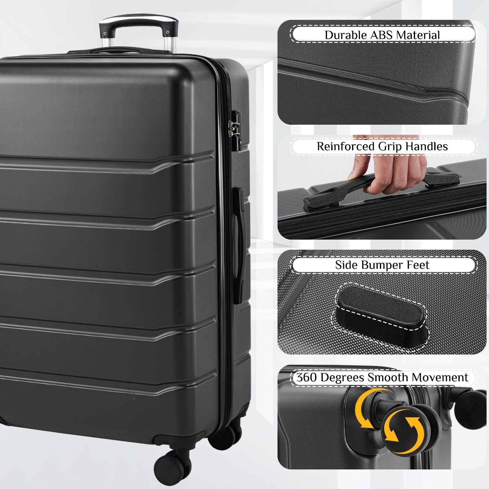 Hard Sided Expand Suitcase With Rotating Wheels, Tsa Lock, Retractable Handle, Black, 24" Black Iron Plastic