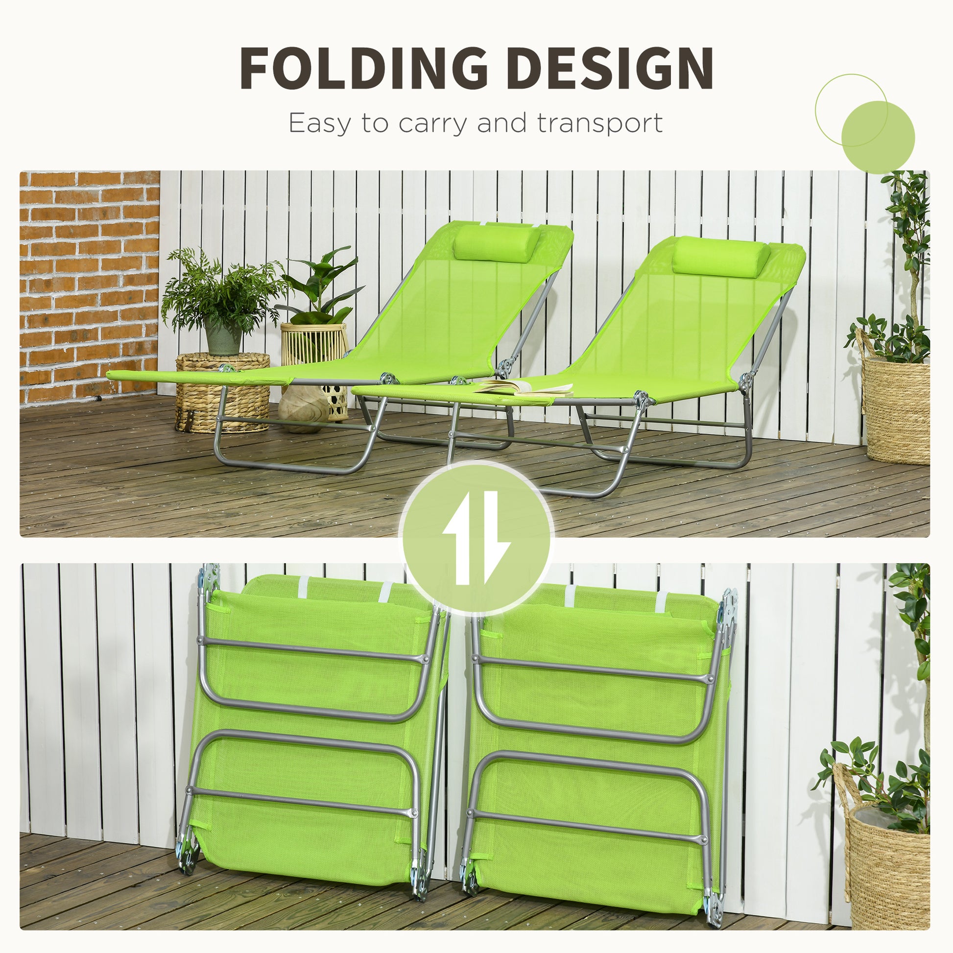 Outsunny 2 Piece Folding Chaise Lounge Chairs, Pool Sun Tanning Chairs, Outdoor Lounge Chairs With 6 Position Reclining Back,Mesh Seat, Headrest For Beach, Yard, Patio, Green Green Steel