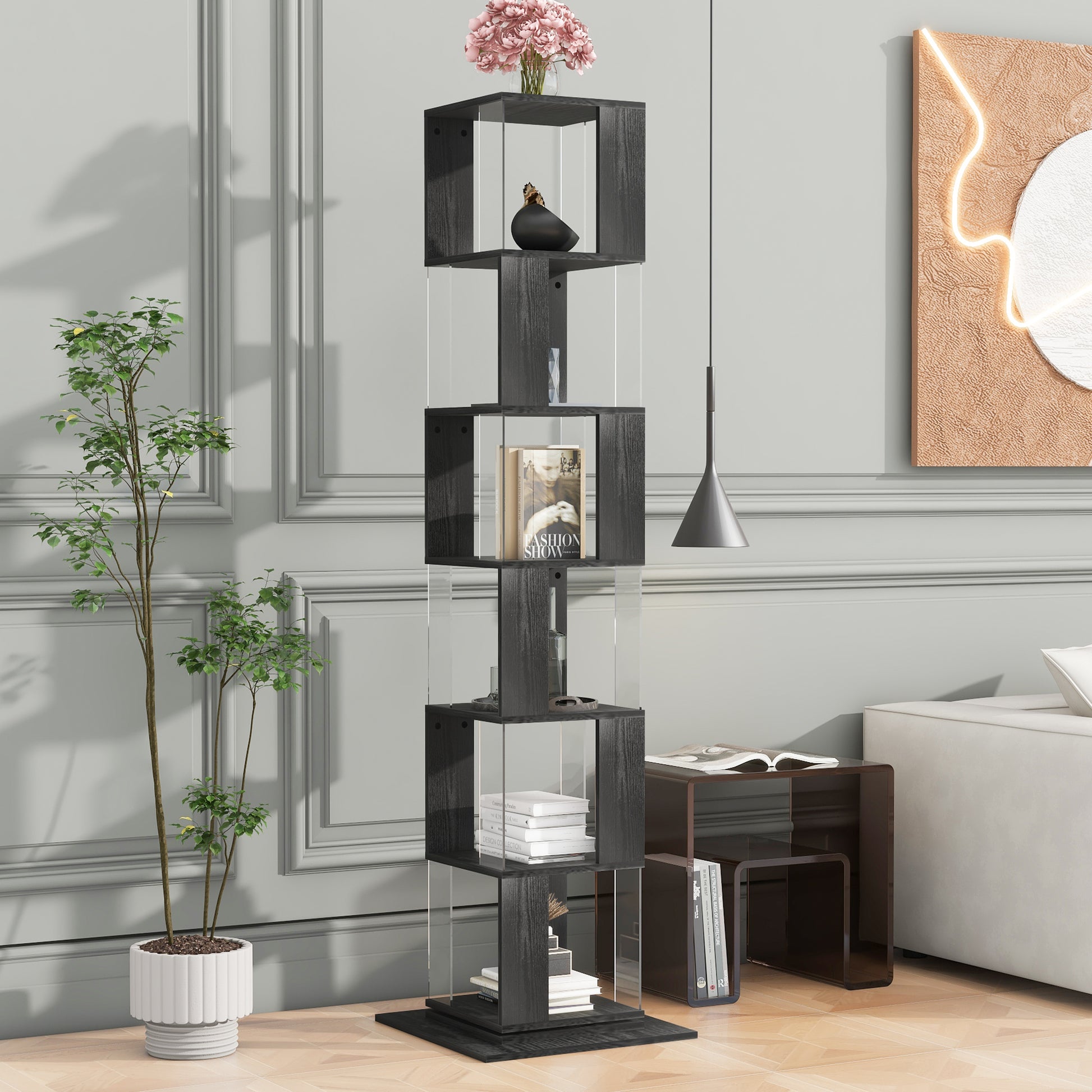 6 Tier Rotating Bookshelf, Floor Rack Simple Bookcase With Acrylic Plate Student Multi Function Creative Bookshelf For Living Room With Anti Toppling Base Black Particle Board