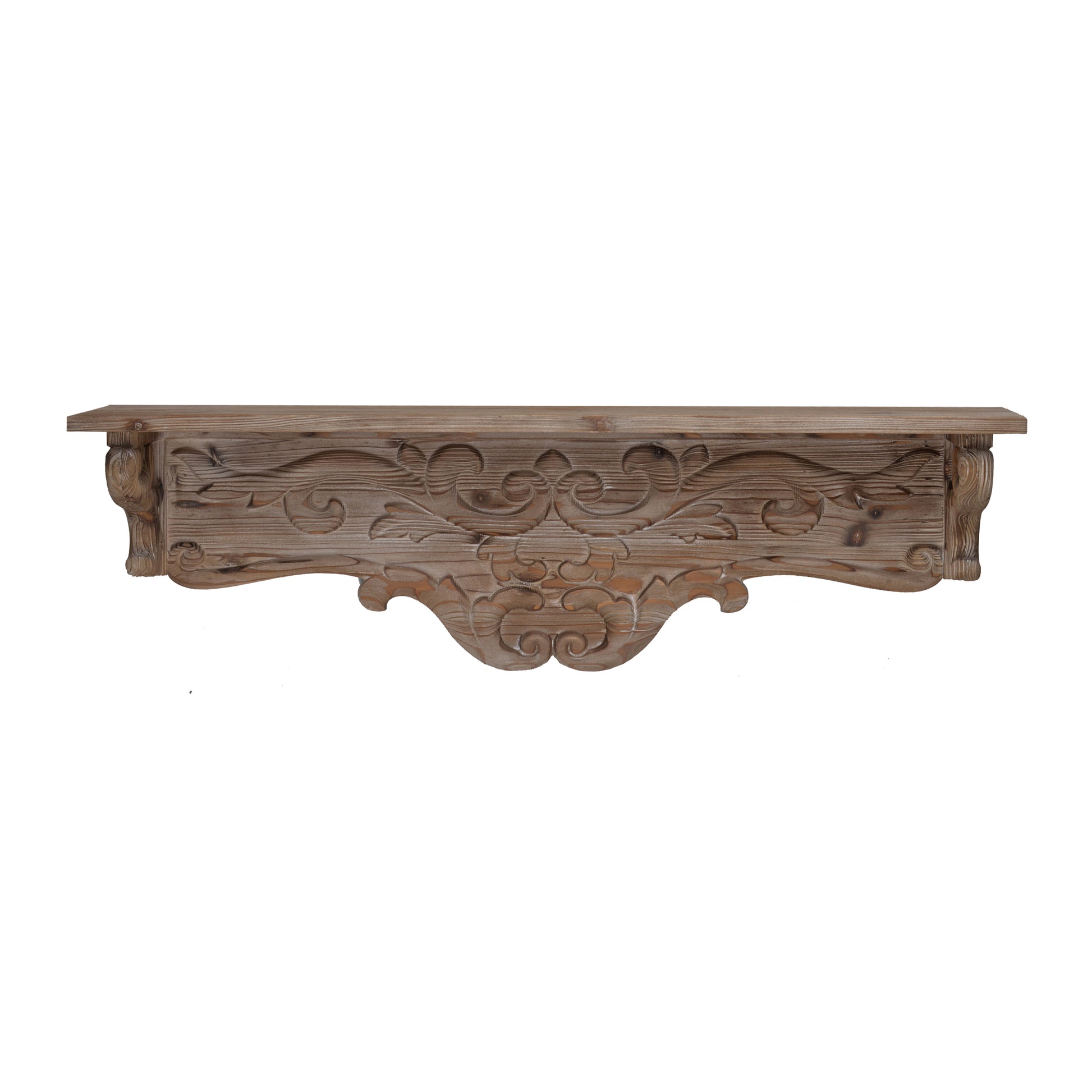 31.5X7X9.5" Timeless Fir Wood Floating Wall Shelf With Floral Motif Brown Wood