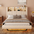 Full Size Upholstered Floating Bed With Led And Storage Headboard, Beige Box Spring Not Required Full Beige Wood Bed Frame Linen Upholstered