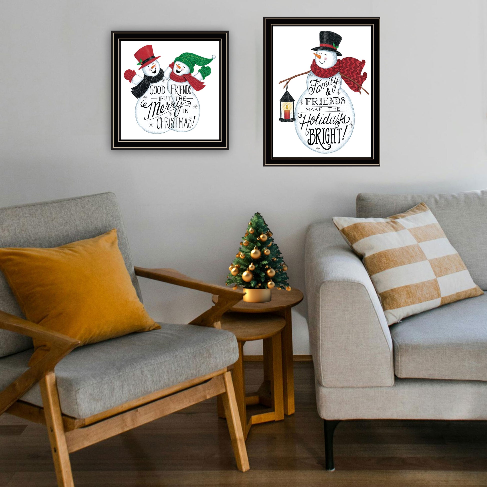 2 Piece Vignette Good Friends Snowman Black Framed Wall Art For Living Room, Bedroom Wall Art Print For Home Decor By Deb Strain Multicolor Wood Paper