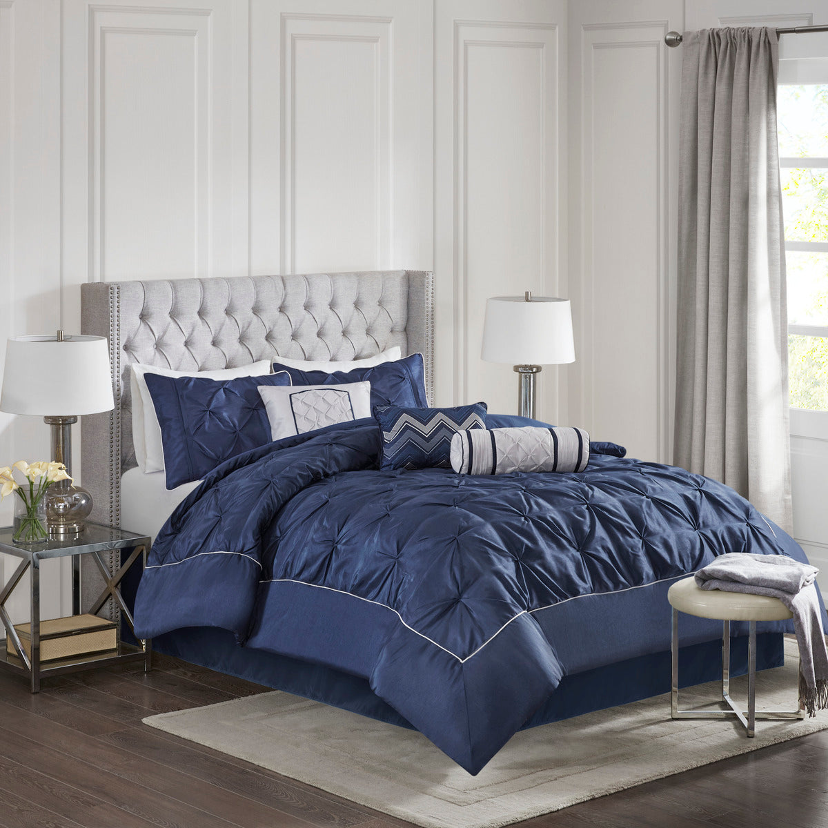7 Piece Tufted Comforter Set Navy King King Navy Polyester