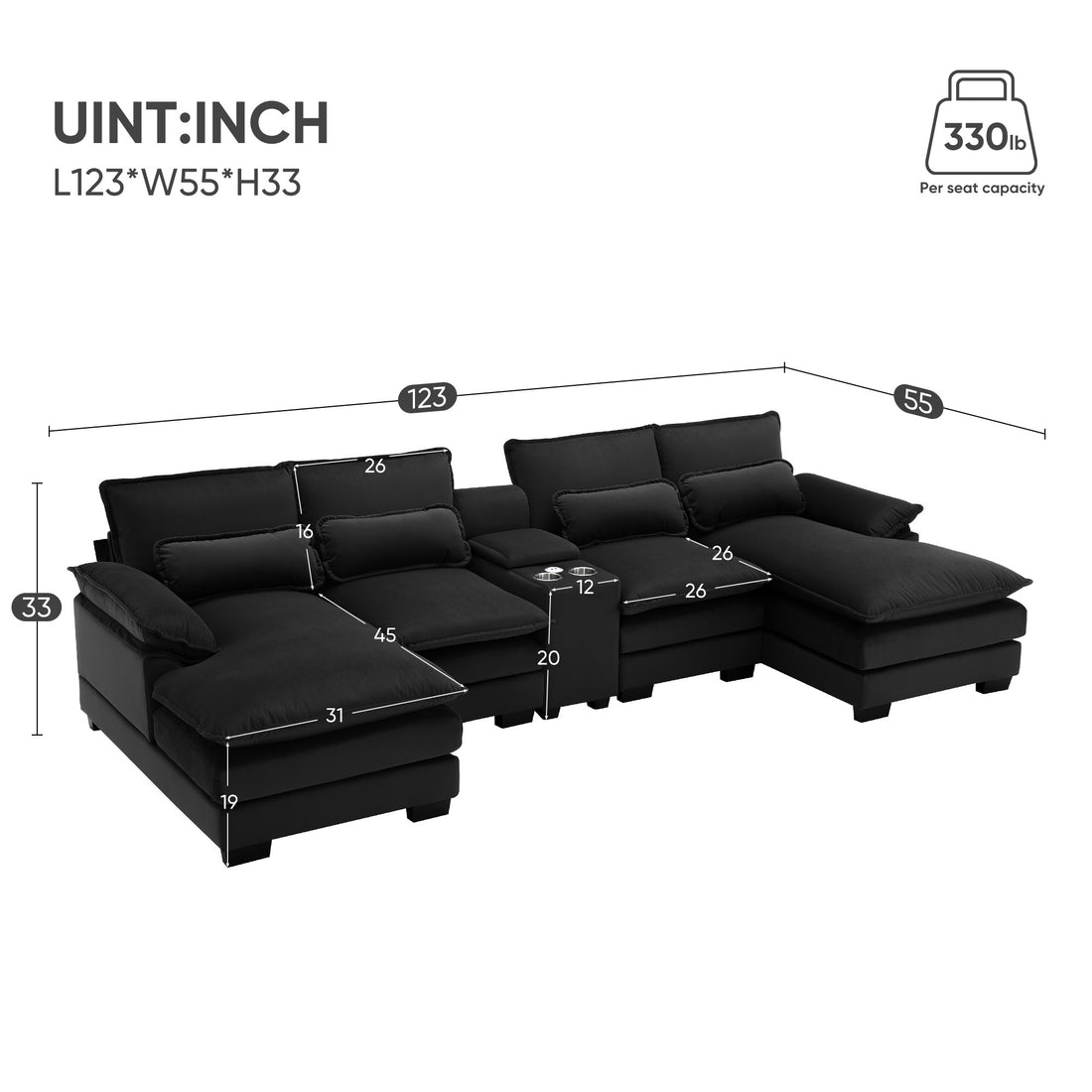 123*55" Modern U Shaped Sofa With Console,Cupholders And Usb Ports,6 Seat Upholstered Symmetrical Indoor Furniture,Sleeper Couch Set With Chaise For Living Room,Apartment,5 Colors Black Velvet 6