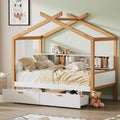 White Twin Size Wooden House Bed Original Wood Colored Frame With Two Drawers And Bookshelf Storage Space For Children Or Guest Room Twin White Wood