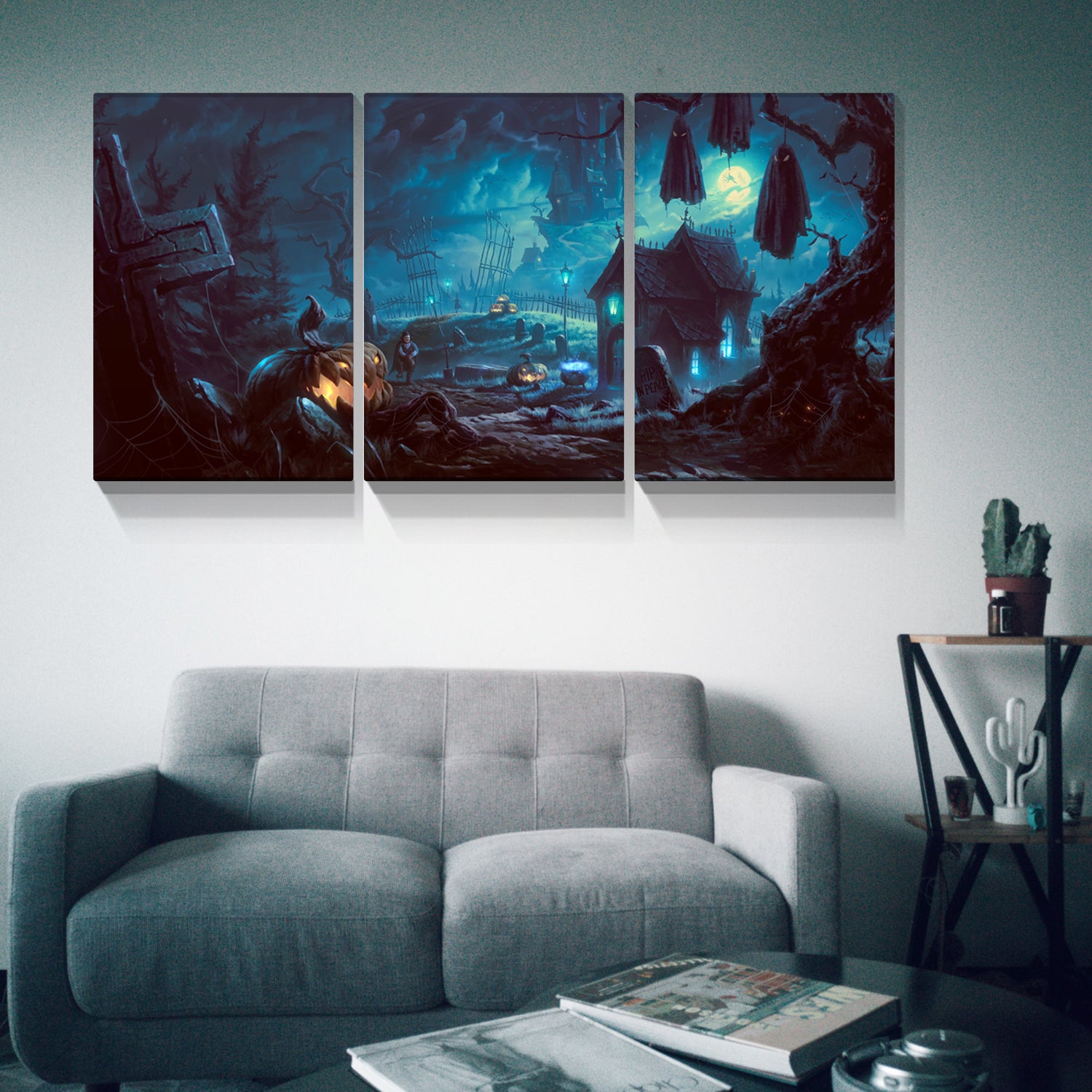 Modern Halloween Painting On Canvas 3 Panels Pictures Wall Art For Living Room Home Decor Wooden Framed Stretched Ready To Hang 1216Inch Thickness 1.5Inch Multicolor Halloween Canvas