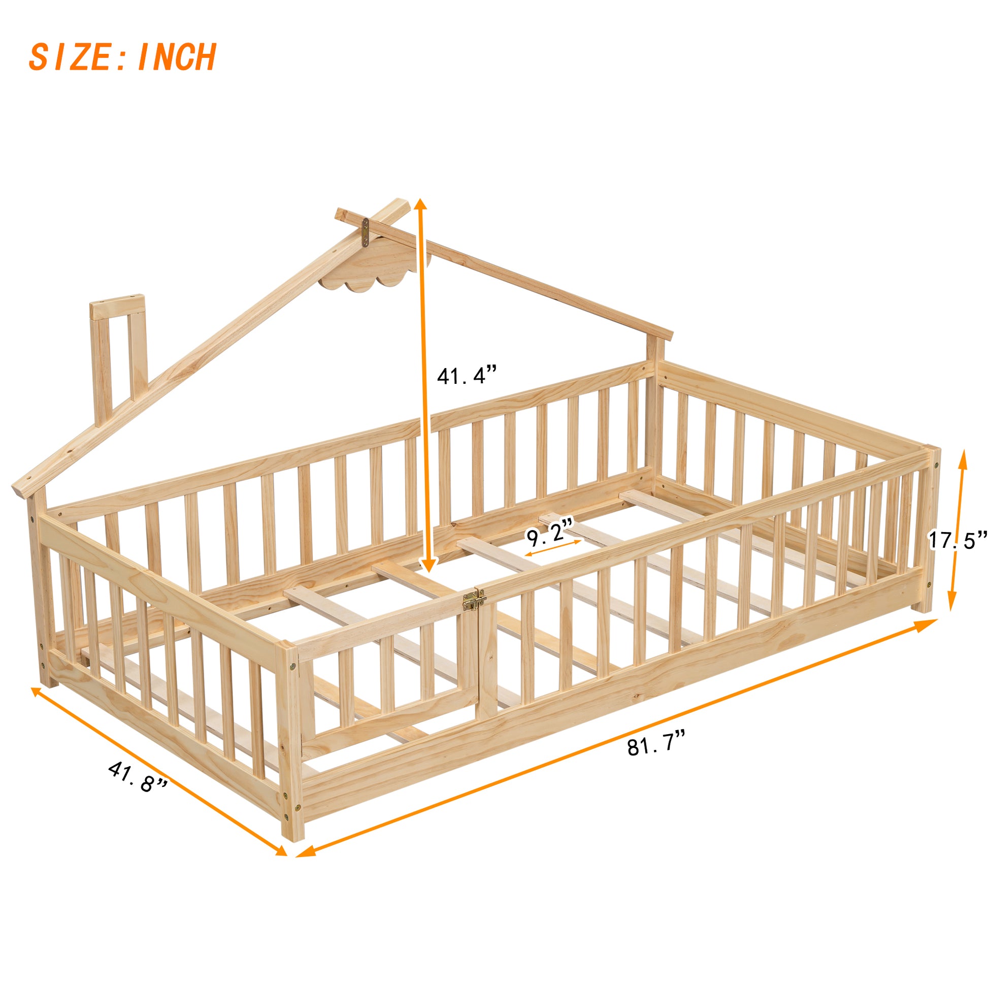 Twin House Shaped Bedside Floor Bed With Guardrails, Slats, With Door,Natural Twin Natural American Design Pine