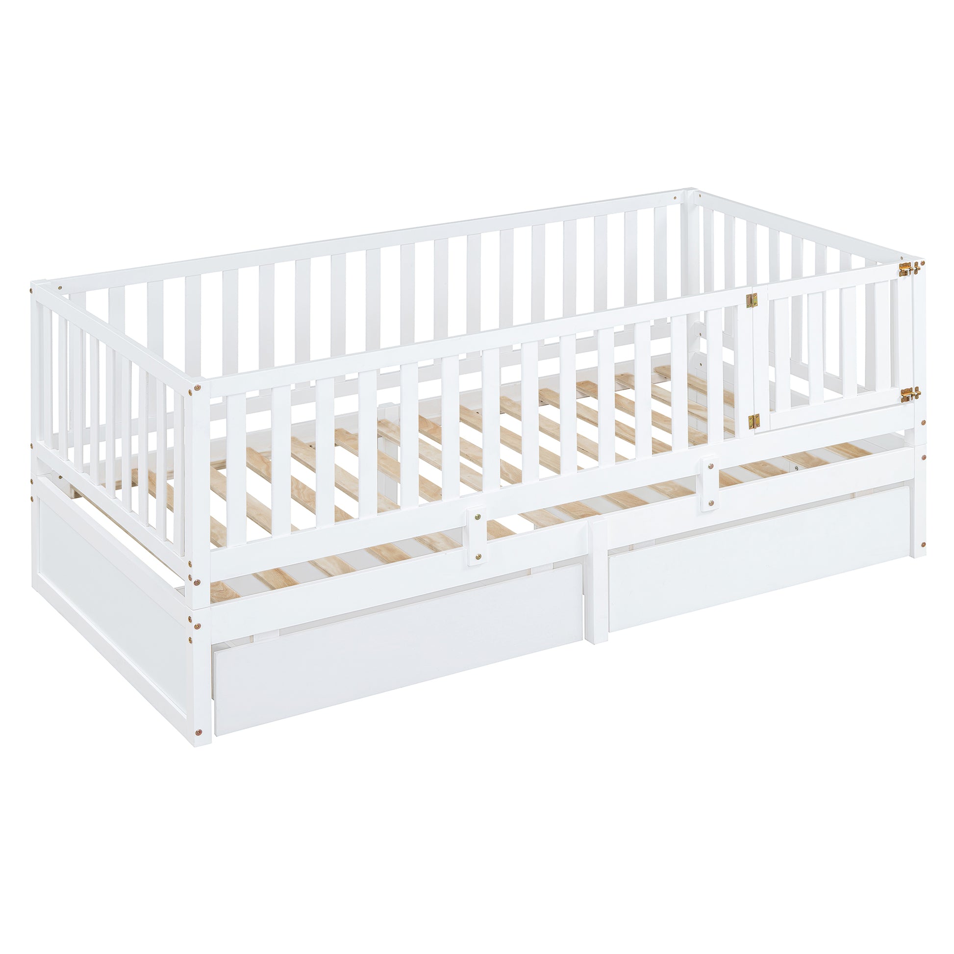 Twin Size Wood Daybed With Fence Guardrails And 2 Drawers, Split Into Independent Floor Bed & Daybed, White Old Sku :Lp000881Aak Twin White Solid Wood Mdf