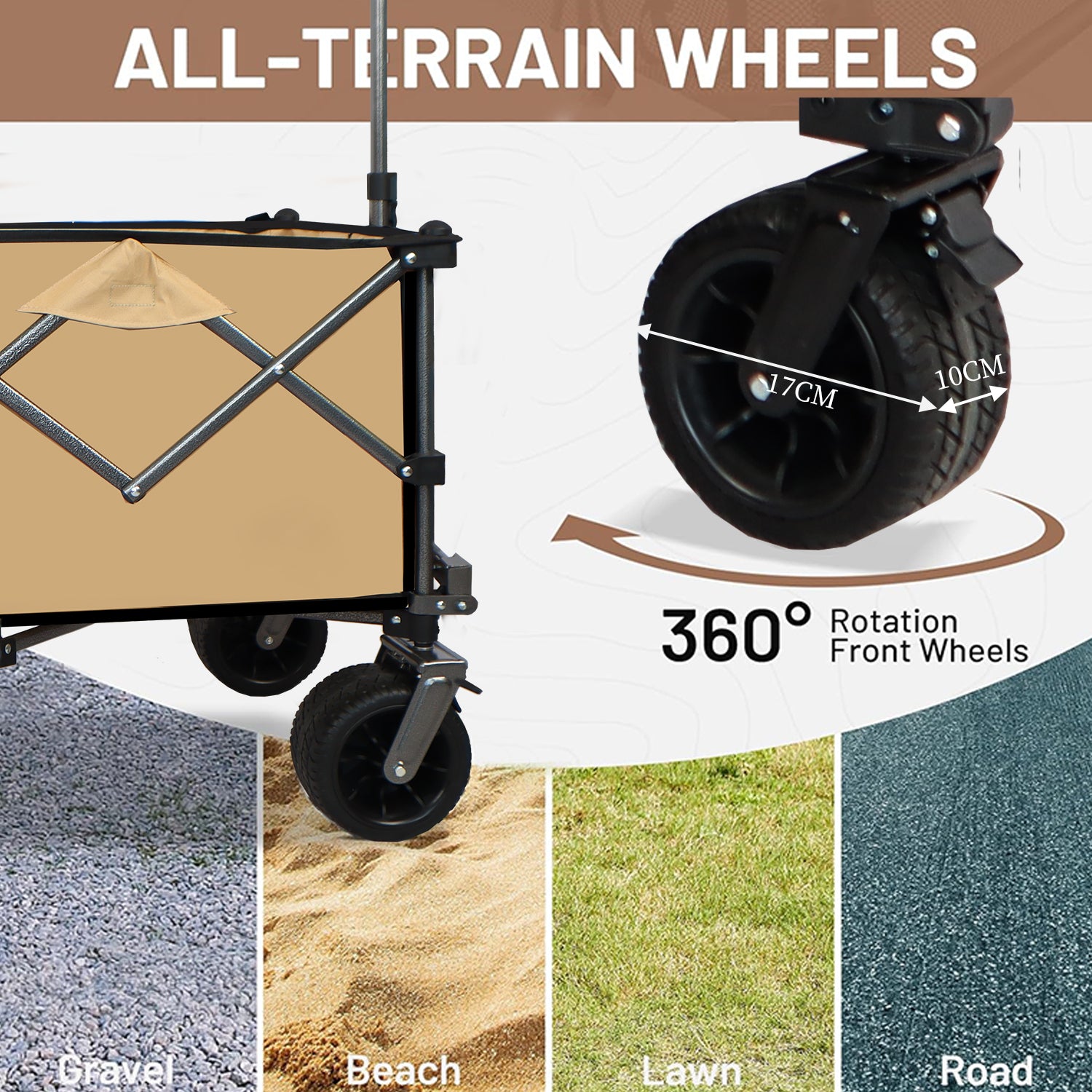 Collapsible Folding Wagon, Push Pull Foldable Beach Wagon Cart Grayish Brown Steel