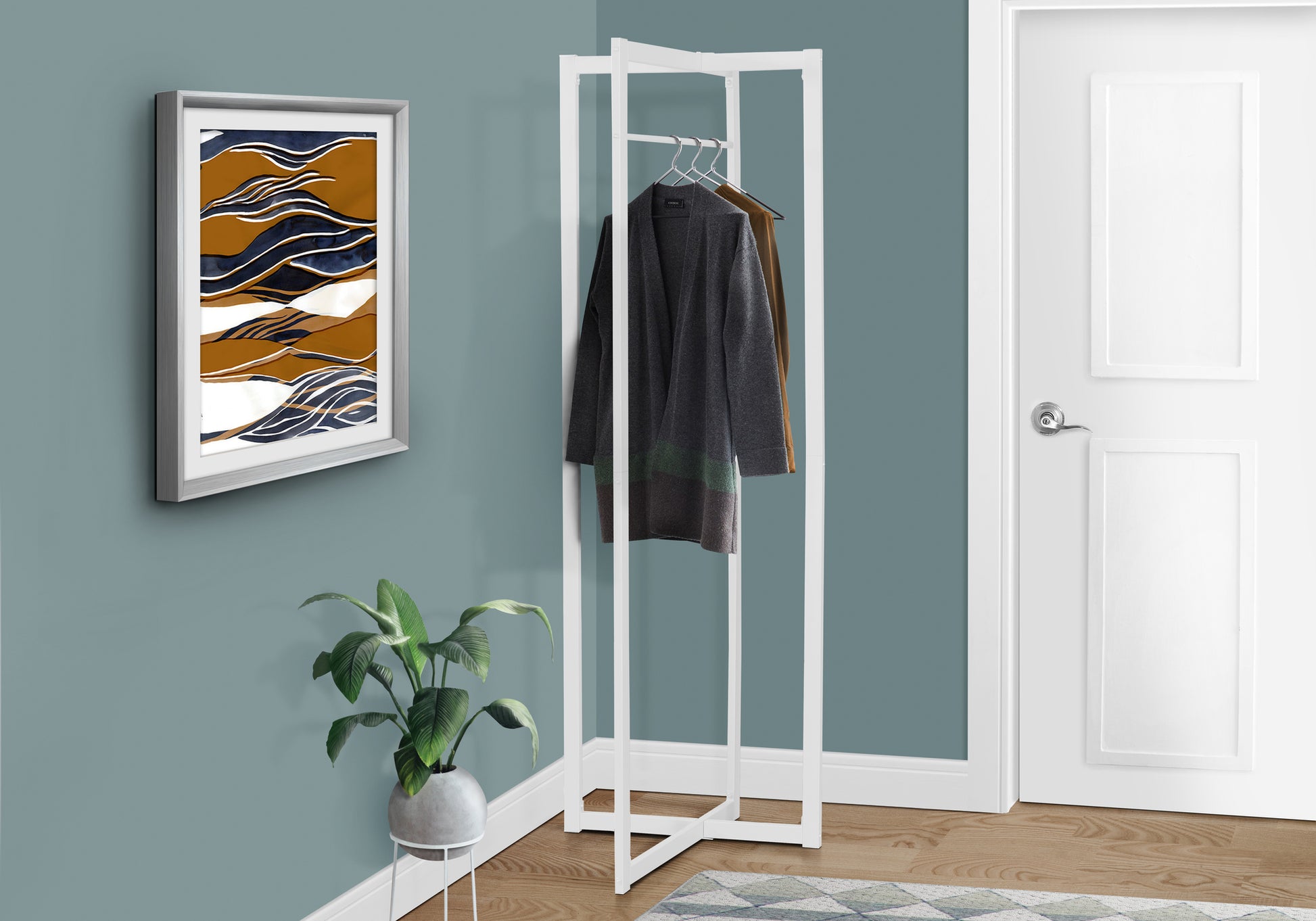 Coat Rack, Hall Tree, Free Standing, Hanging Bar, Entryway, 72"H, Bedroom, White Metal, Contemporary, Modern White Metal