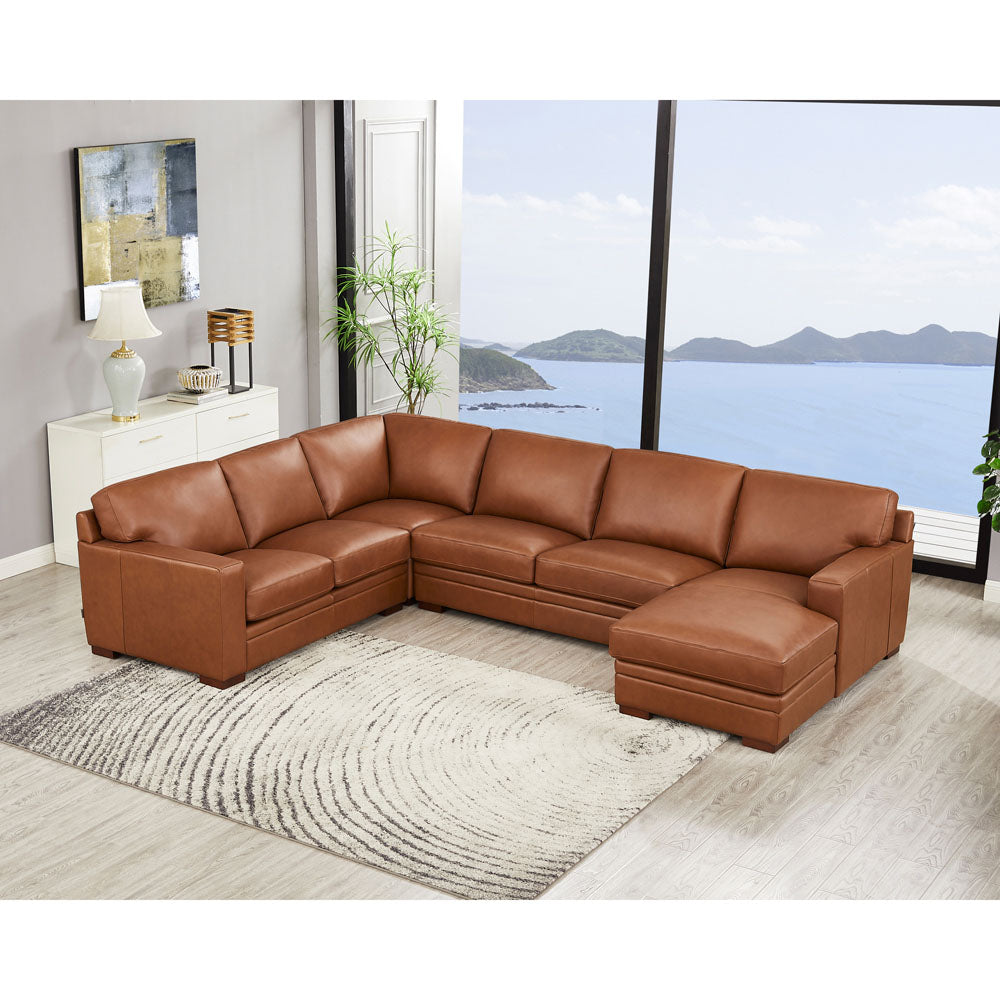 Dillon Leather Right Chaise Sectional Brown Genuine Leather Wood Primary Living Space Medium Firm Cushion Back Mid Century Modern U Shaped Eucalyptus Square Arms Down Filling Leather 6 Seat