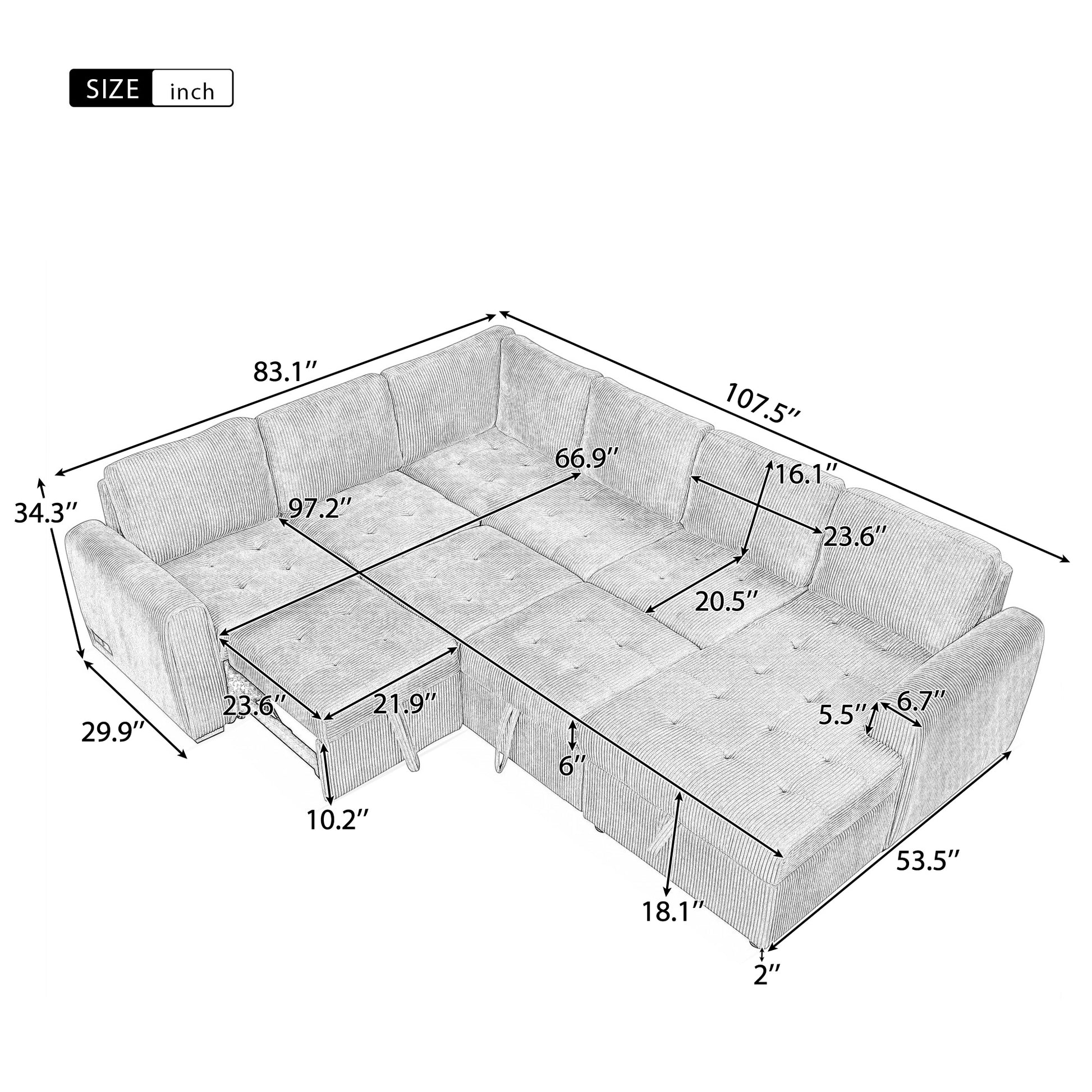 107.5" U Shaped Sofa Sectional Sofa Pull Out Sofa Bed With A Storage Chaise Lounge, Charging Devices For Living Room, Gray Gray Foam Corduroy 5 Seat