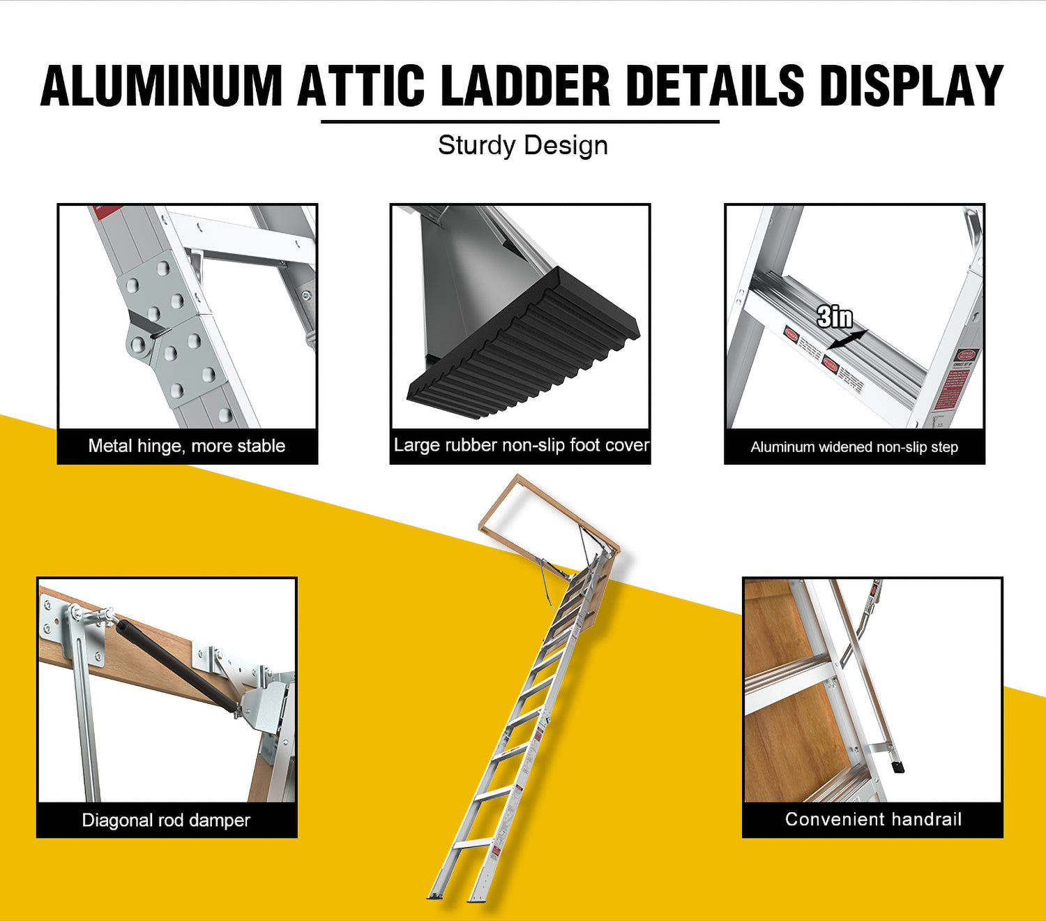 Household Aluminum Attic Ladder 25" X 54" ,375 Lbs Capacity, 7'8" 10'3" Ceiling Height Grey Aluminium Alloy