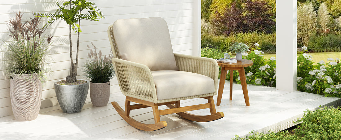 Contemporary Minimalist Ivory Wicker Rocking Chair With Soft Polyester Cushions And Durable Wooden Frame, Perfect For Indoor And Outdoor Spaces Like Patio, Balcony, Or Living Room Ivory Pe Rattan