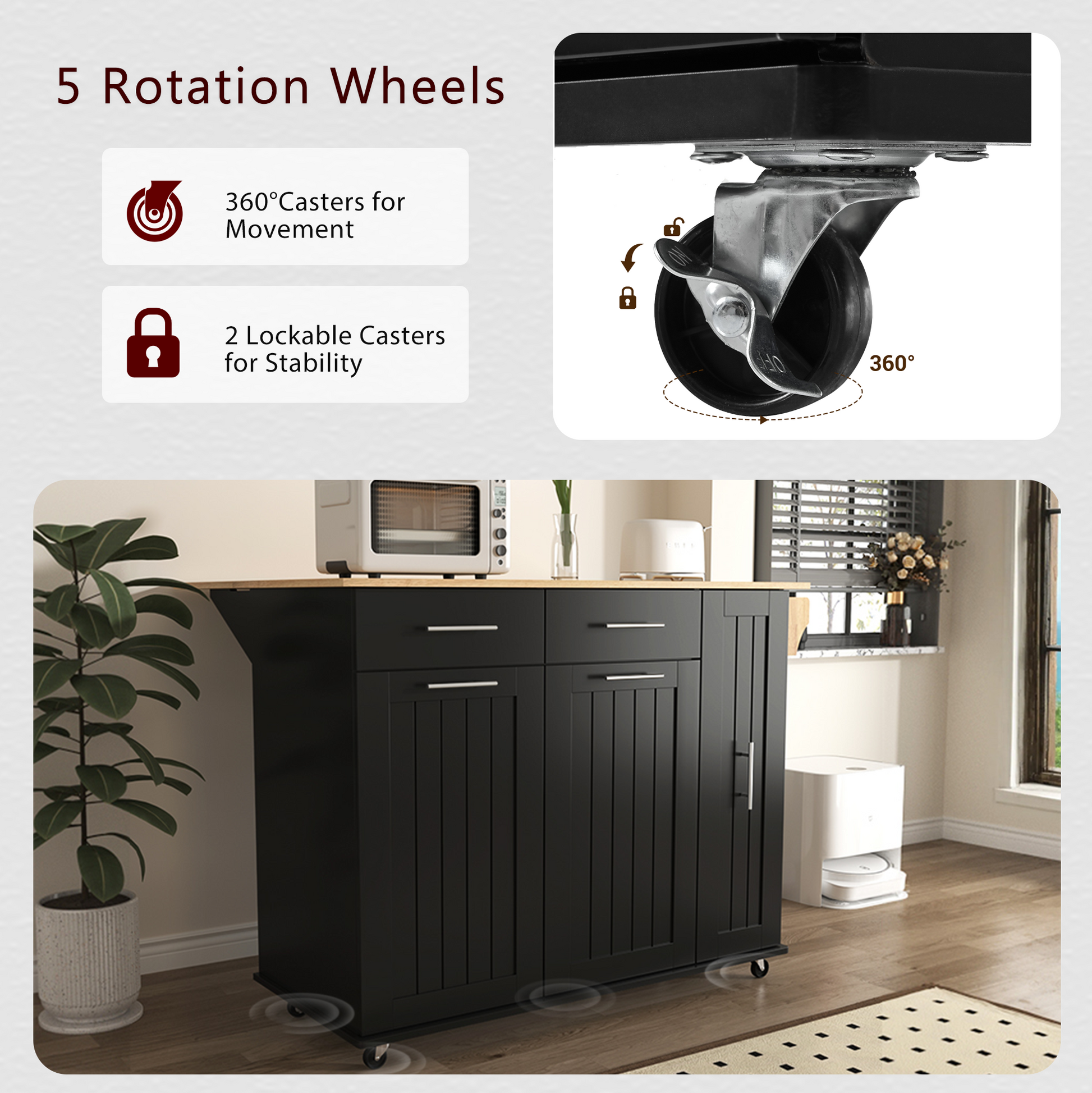 K&K Kitchen Island With Drop Leaf, Kitchen Storage Cart With 3 Tier Pull Out Cabinet Organizer, Internal Storage Rack, Rolling Kitchen Cart On Wheels With Towel Rack, 2 Drawers, For Kitchen, Black Black Brown Kitchen Classic,Farmhouse,Luxury,Modern