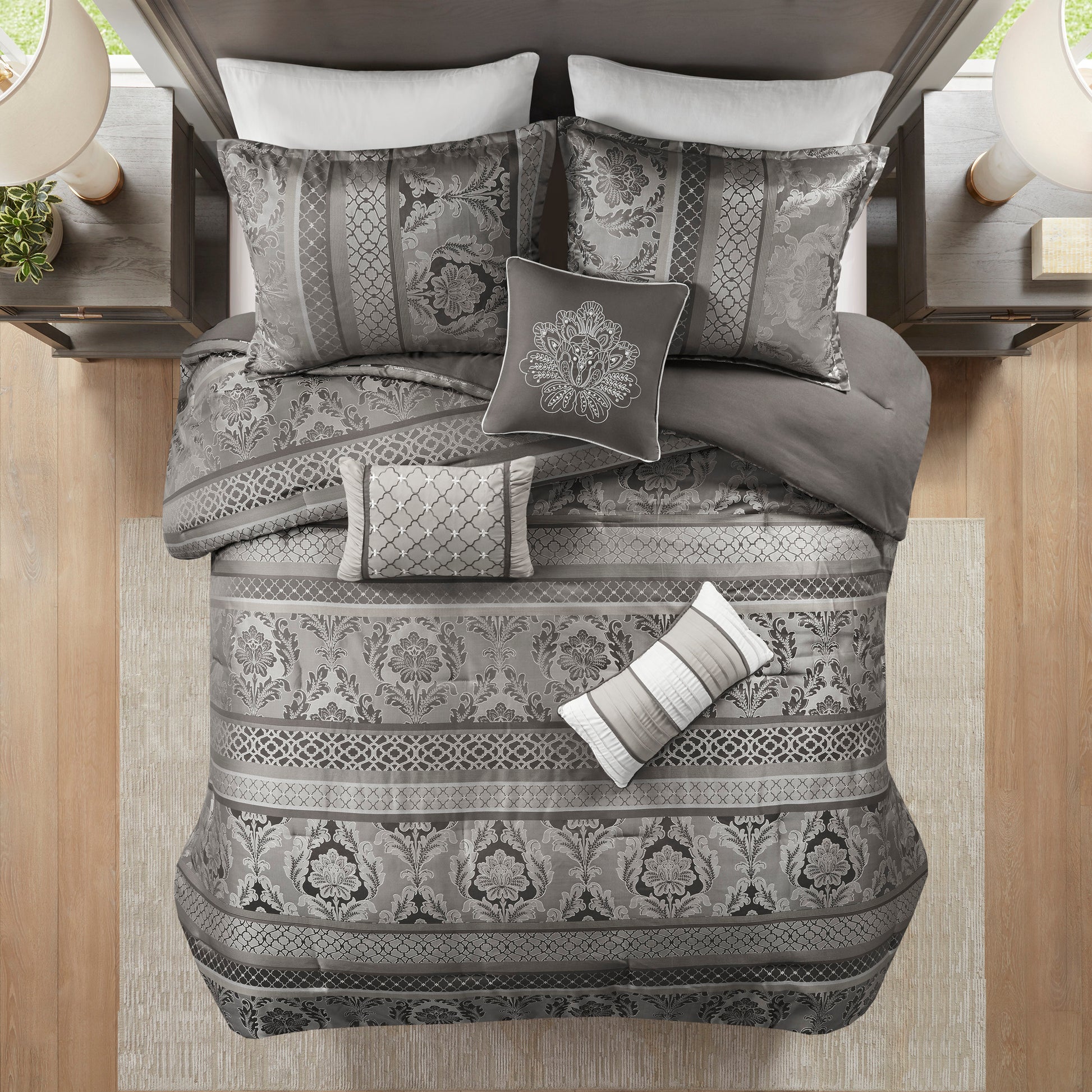 7 Piece Jacquard Comforter Set Grey King King Grey Polyester