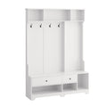 Multi Purpose Hallway Hall Tree With Removable Linen Cushioned Entryway Bench, Coat Rack, Storage Shelves, And Diy Pegboard,For Hallways, Living Room, White White Mdf Metal